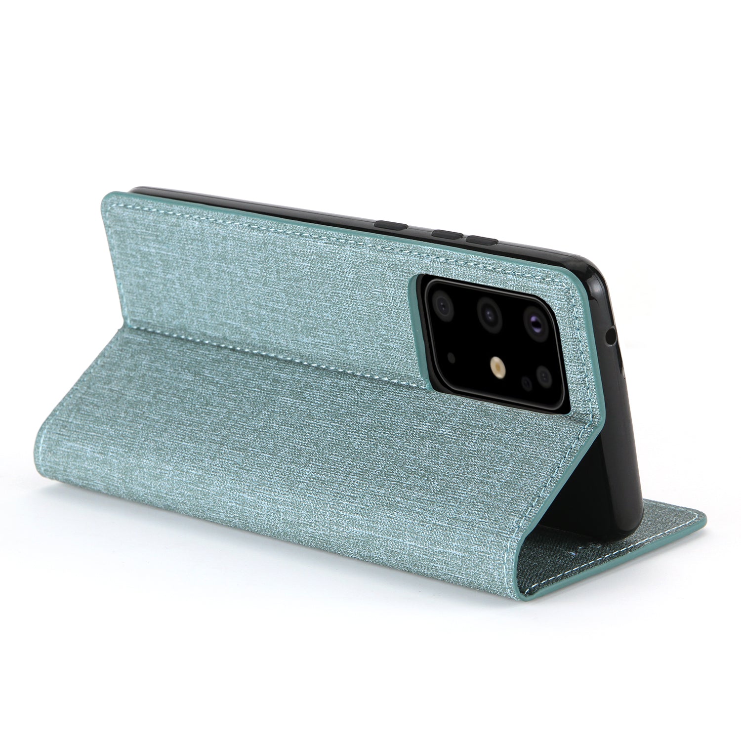 Auto-absorbed Cloth Texture Leather Stand Case with Card Slots for Samsung Galaxy S20 Ultra - Cyan