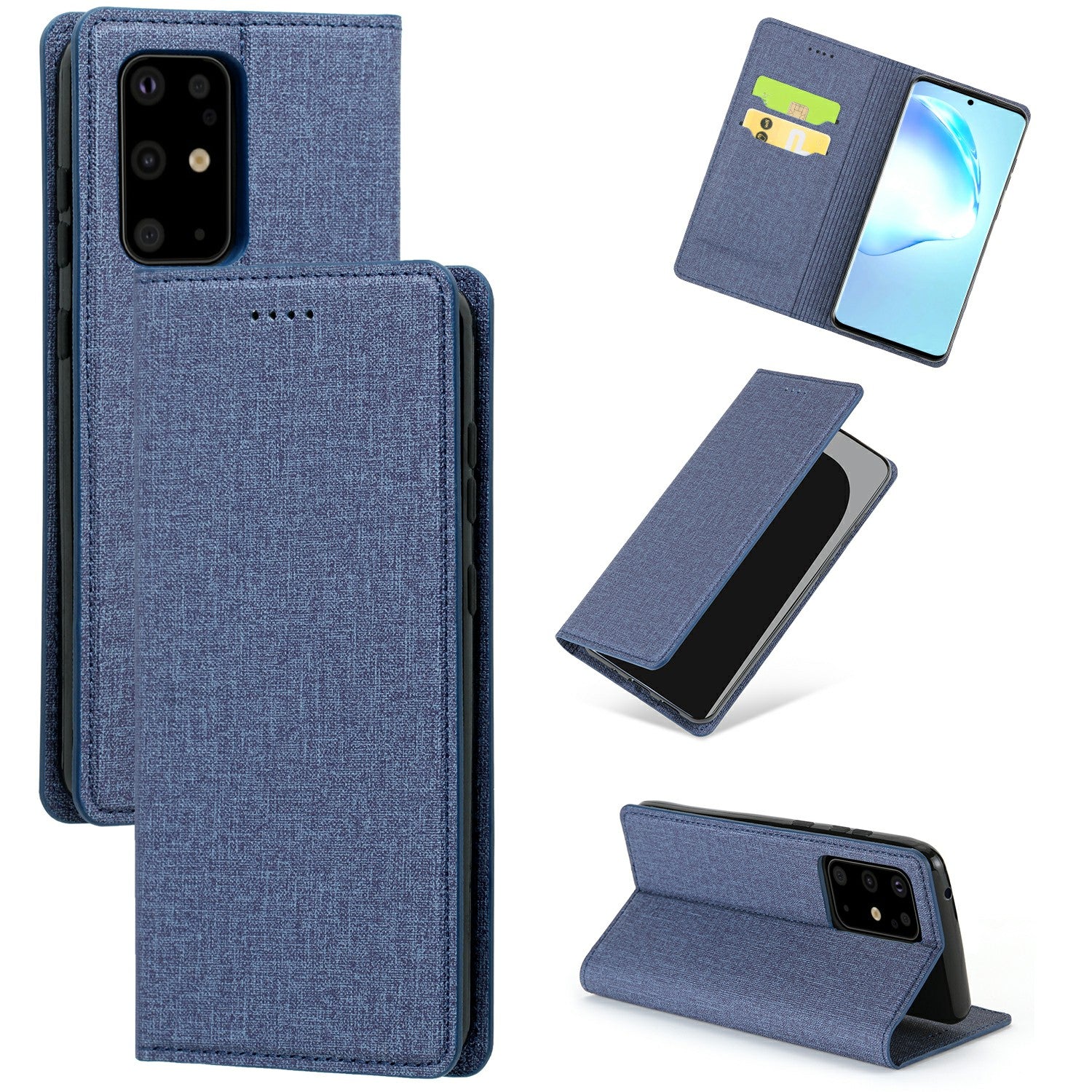 Auto-absorbed Cloth Texture Leather Stand Case with Card Slots for Samsung Galaxy S20 Ultra - Blue