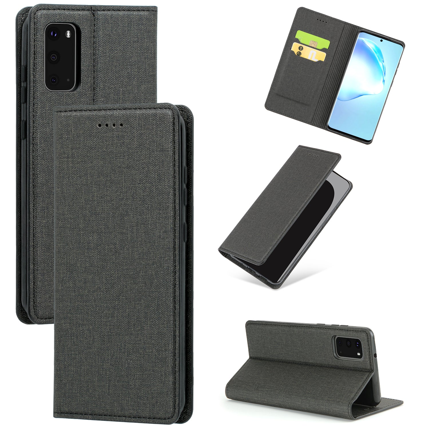 Auto-absorbed Cloth Texture Leather Card Holder Case for Samsung Galaxy S20 4G/S20 5G - Black