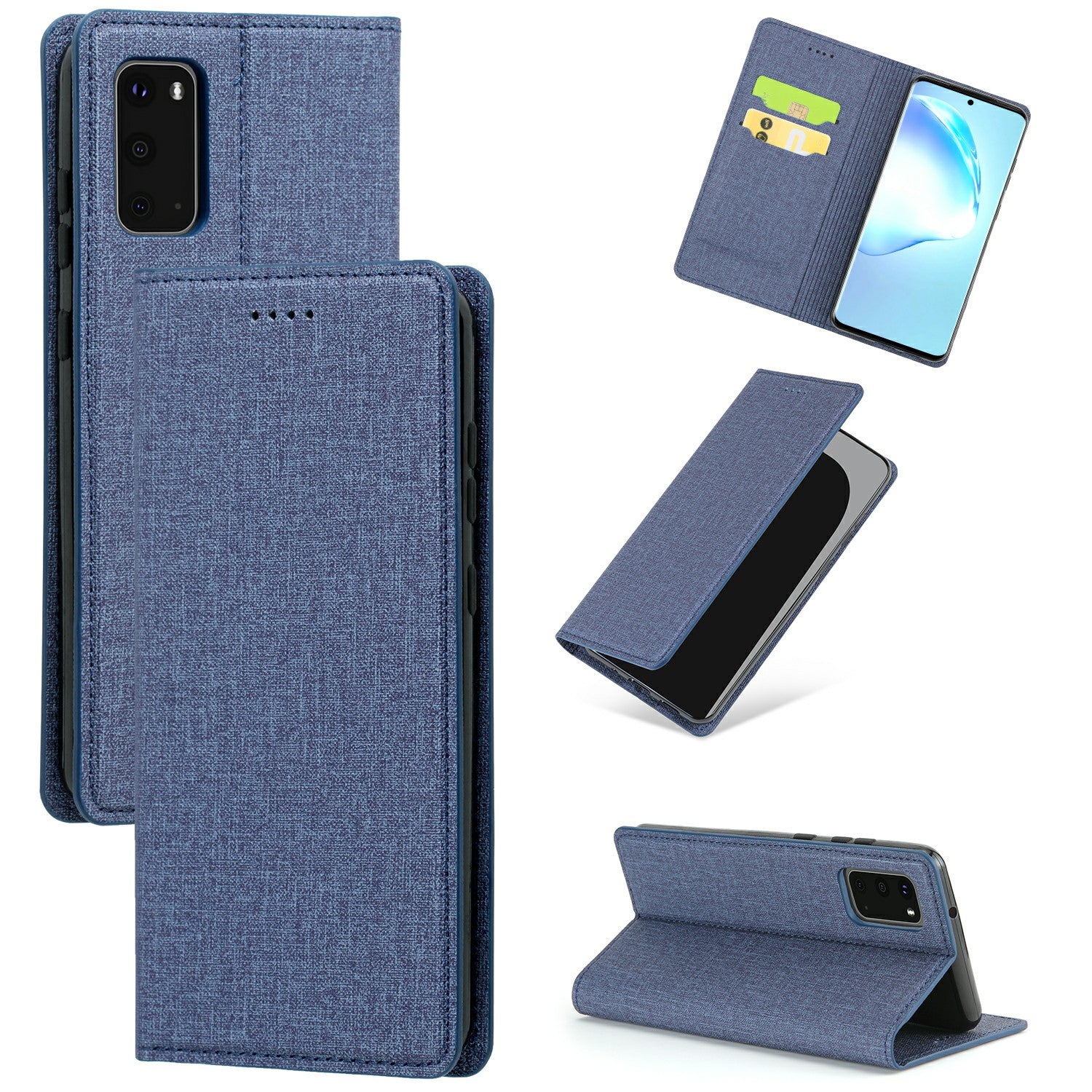 Auto-absorbed Cloth Texture Leather Card Holder Case for Samsung Galaxy S20 4G/S20 5G - Blue