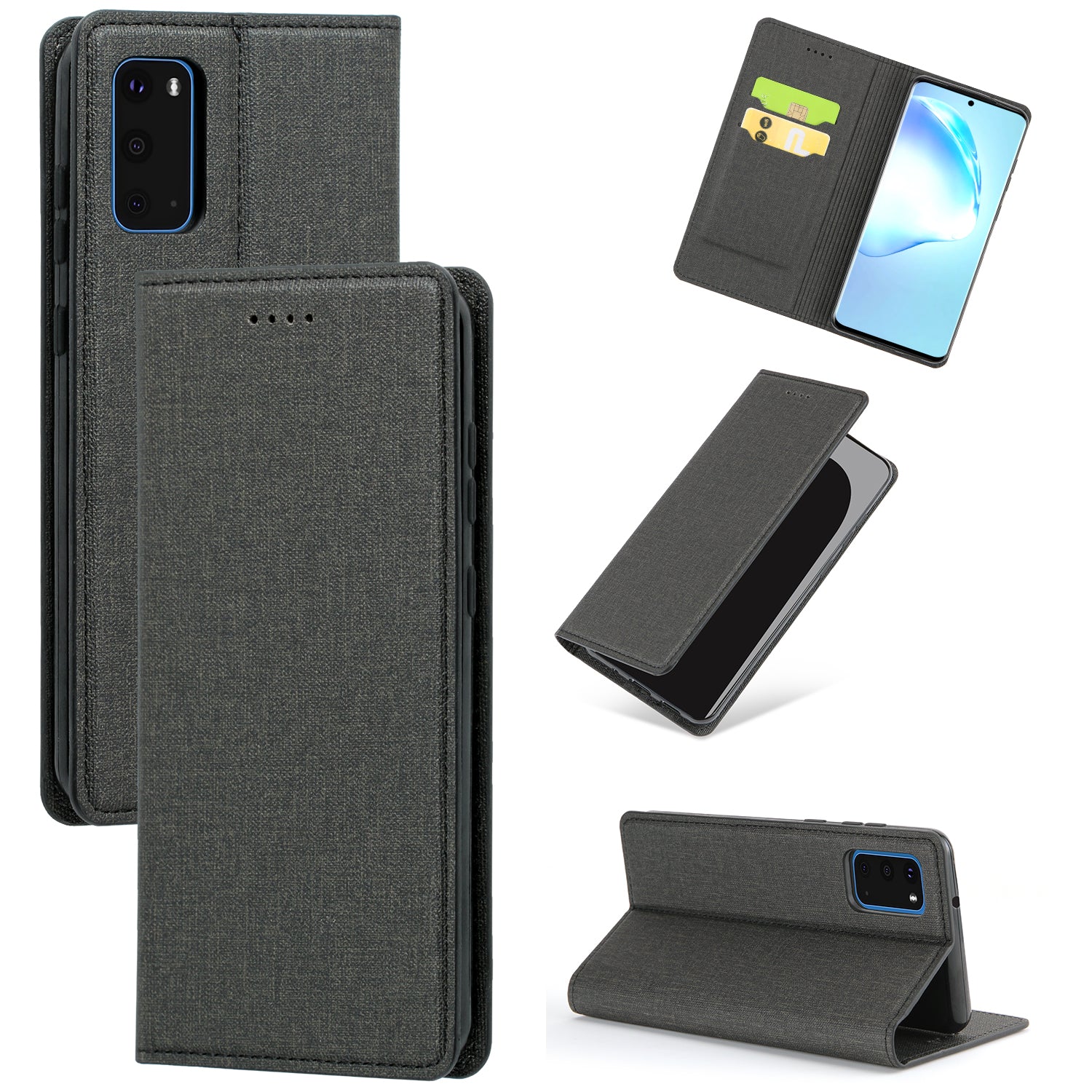 Auto-absorbed Cloth Texture Leather Card Holder Case for Samsung Galaxy S20 Plus - Black