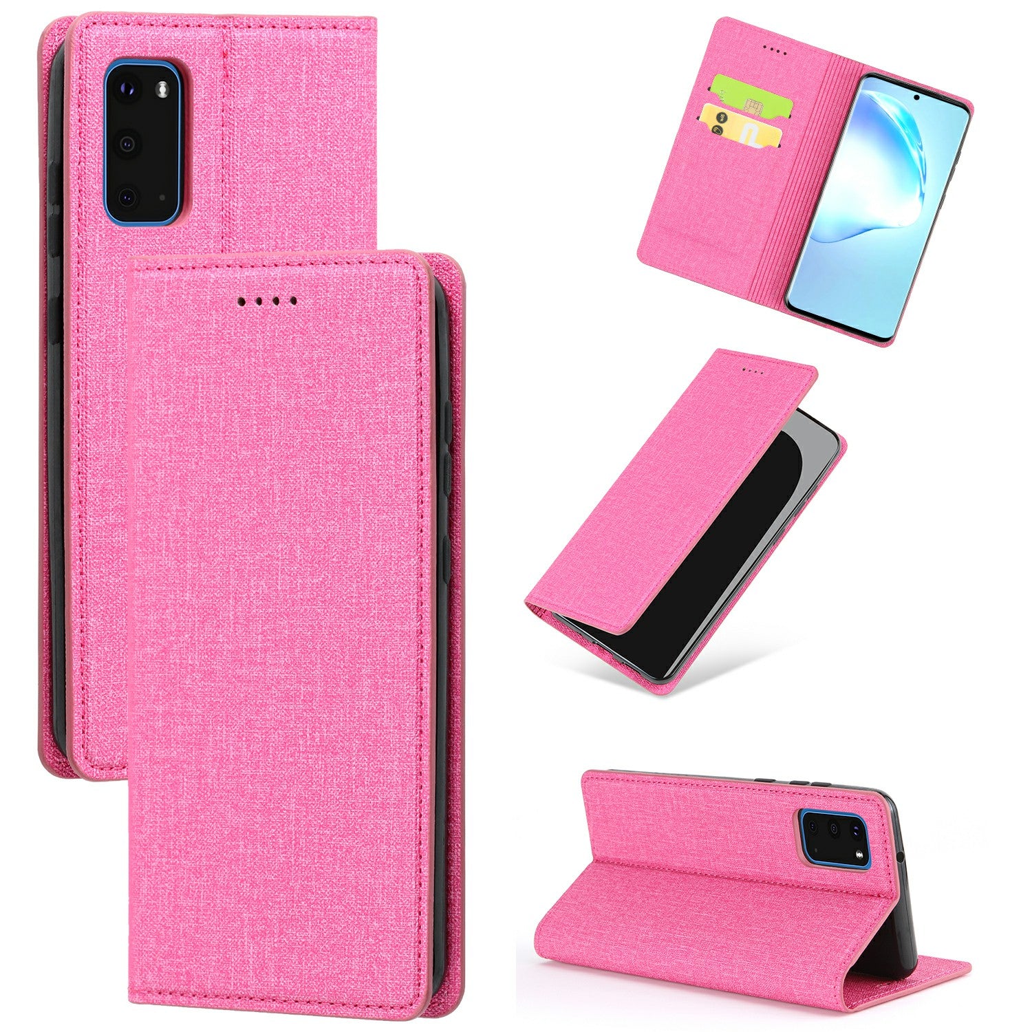 Auto-absorbed Cloth Texture Leather Card Holder Case for Samsung Galaxy S20 Plus - Rose