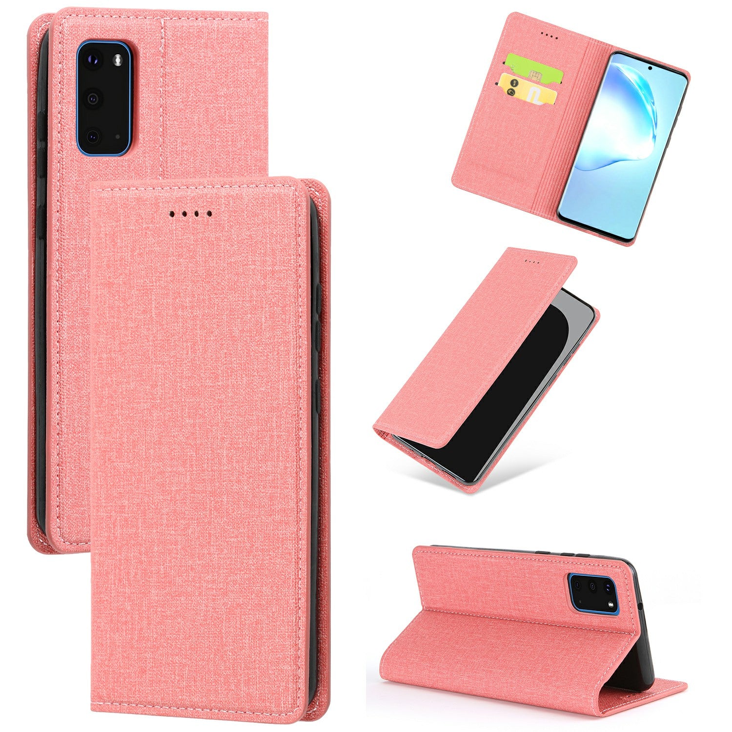 Auto-absorbed Cloth Texture Leather Card Holder Case for Samsung Galaxy S20 Plus - Pink