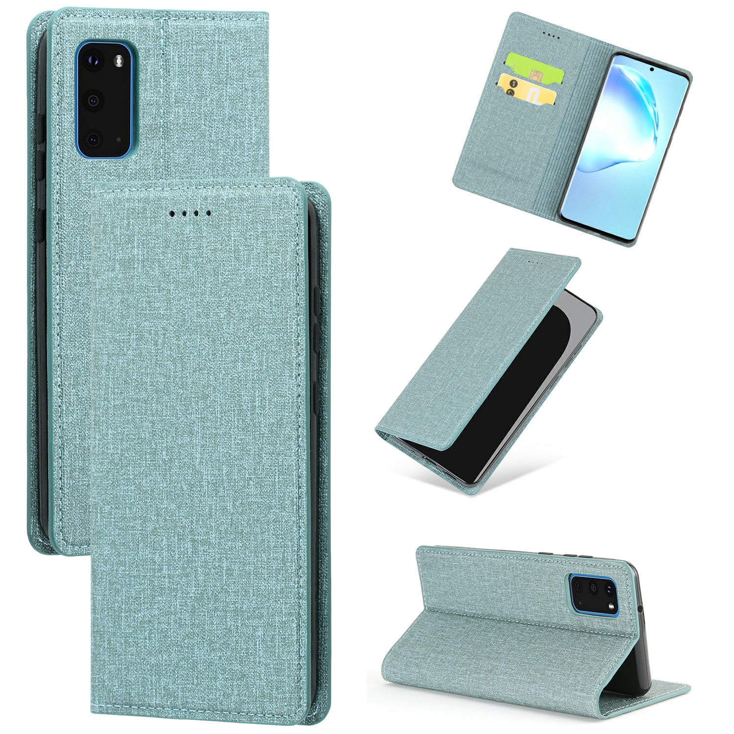 Auto-absorbed Cloth Texture Leather Card Holder Case for Samsung Galaxy S20 Plus - Cyan