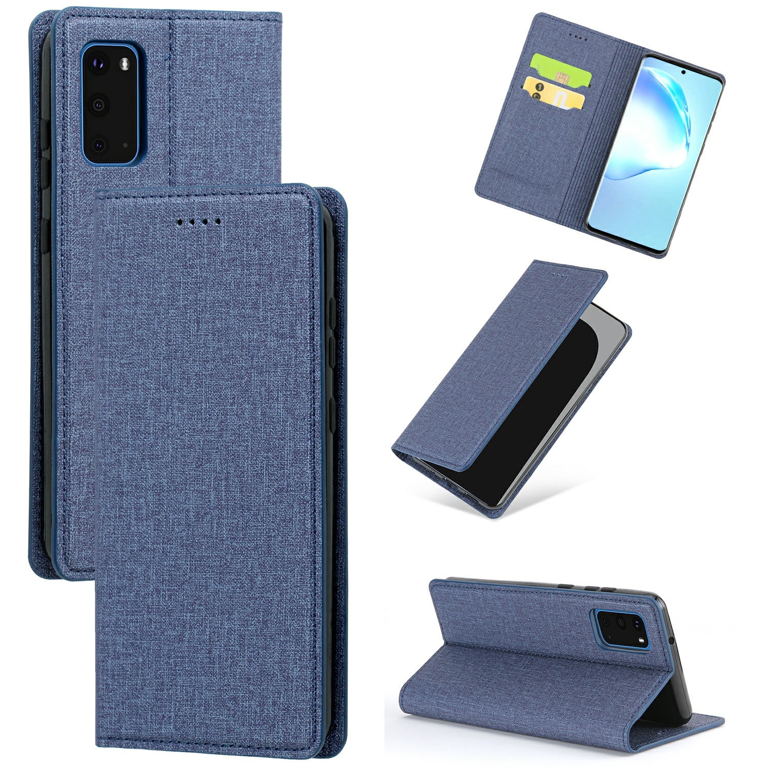 Auto-absorbed Cloth Texture Leather Card Holder Case for Samsung Galaxy S20 Plus - Blue