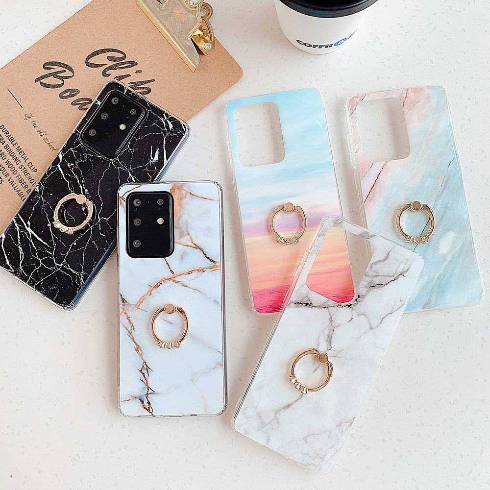 Marble Pattern Glossy IMD TPU Shell with Ring Kickstand for Samsung Galaxy S20 Plus - Style A