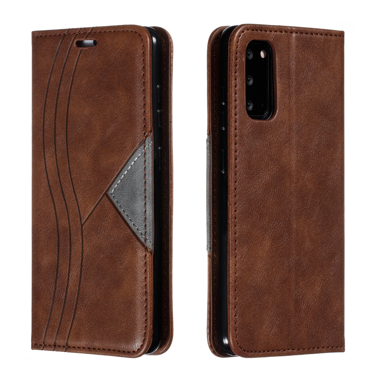 Auto-absorbed Splicing Leather Stand Shell with Card Slots for Samsung Galaxy S20 4G/S20 5G - Brown