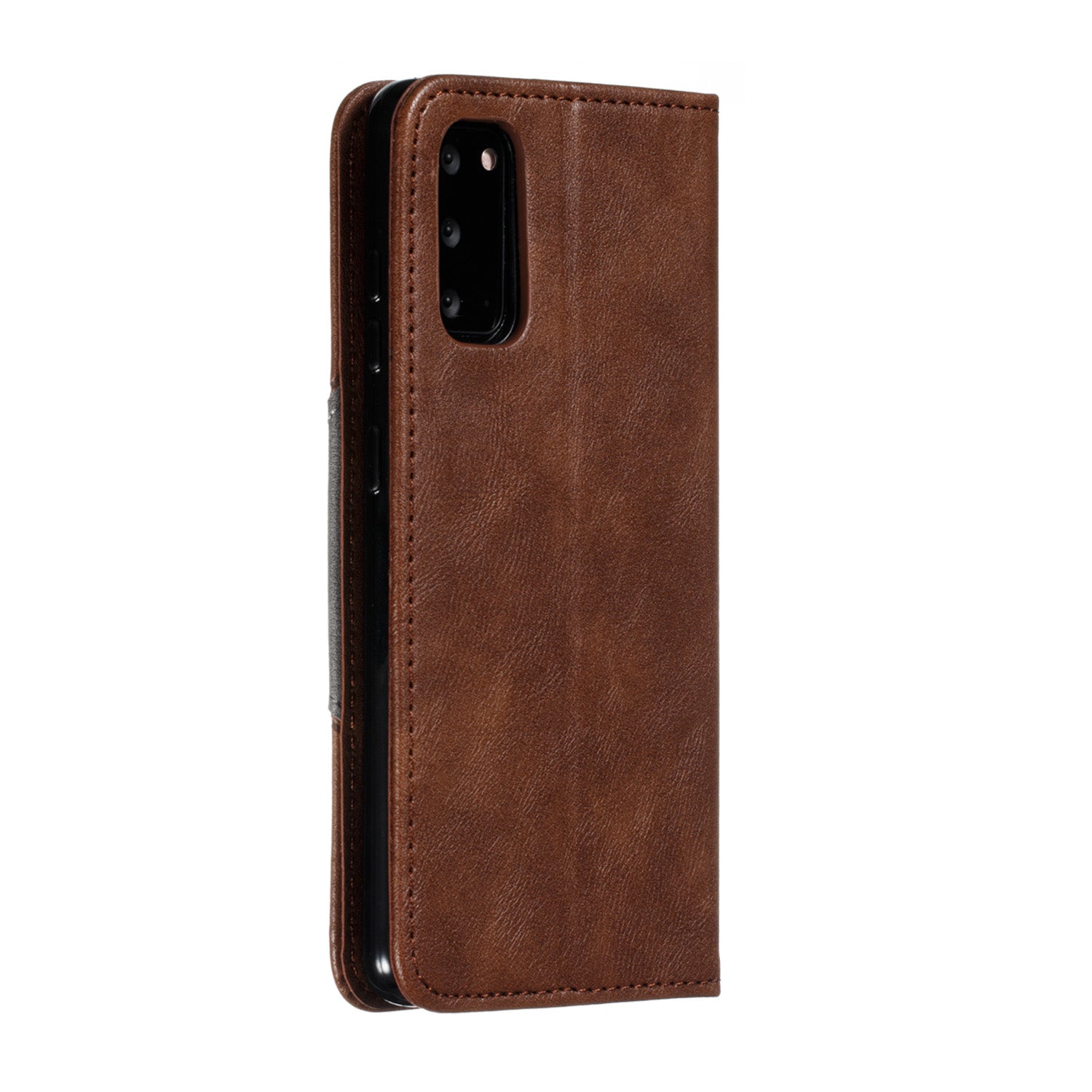 Auto-absorbed Splicing Leather Stand Shell with Card Slots for Samsung Galaxy S20 4G/S20 5G - Brown