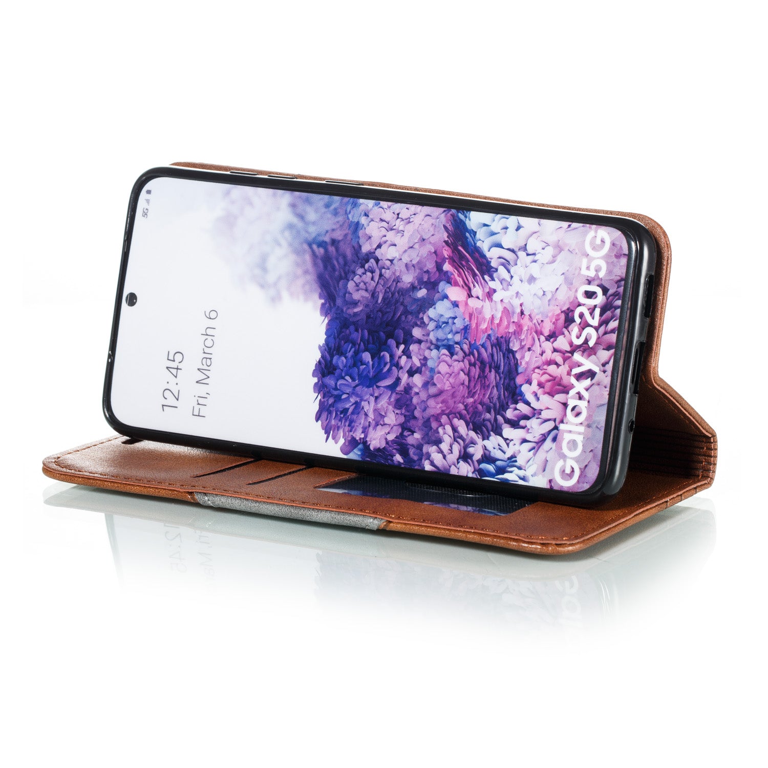 Auto-absorbed Splicing Leather Stand Shell with Card Slots for Samsung Galaxy S20 4G/S20 5G - Brown