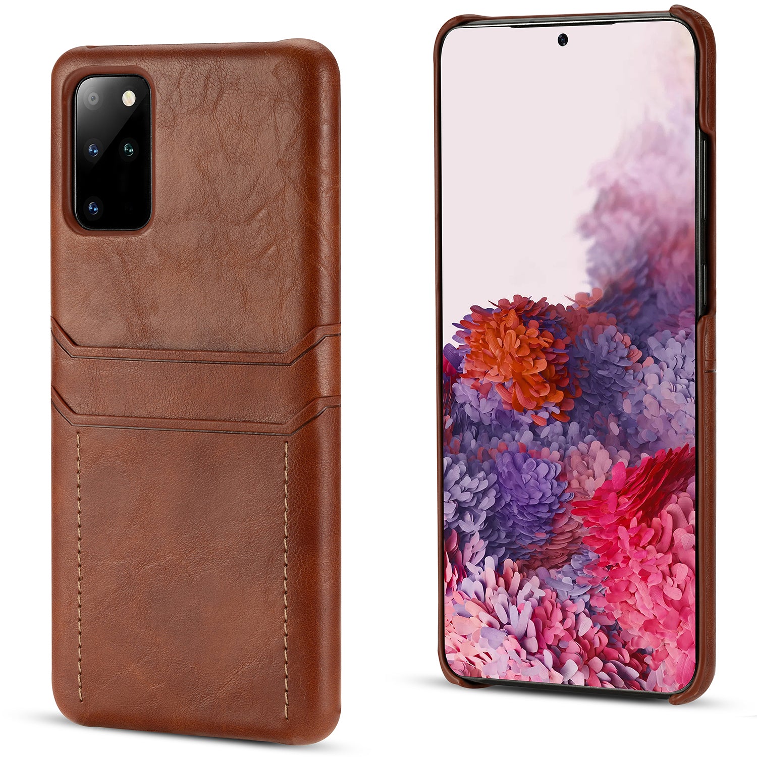 Dual Card Slots PU Leather Coated Hard PC Shell for Samsung Galaxy S20 Plus - Brown