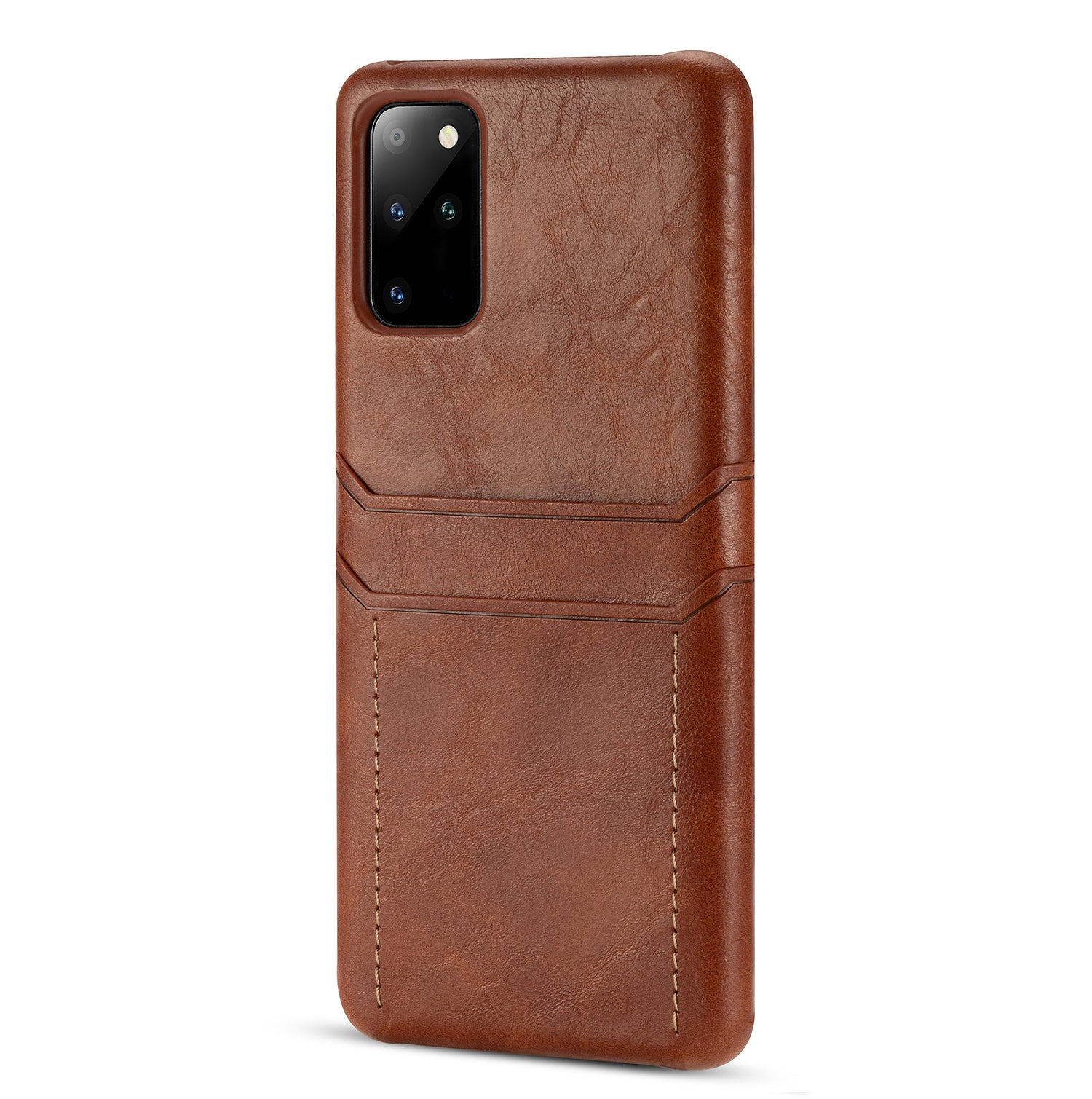 Dual Card Slots PU Leather Coated Hard PC Shell for Samsung Galaxy S20 Plus - Brown