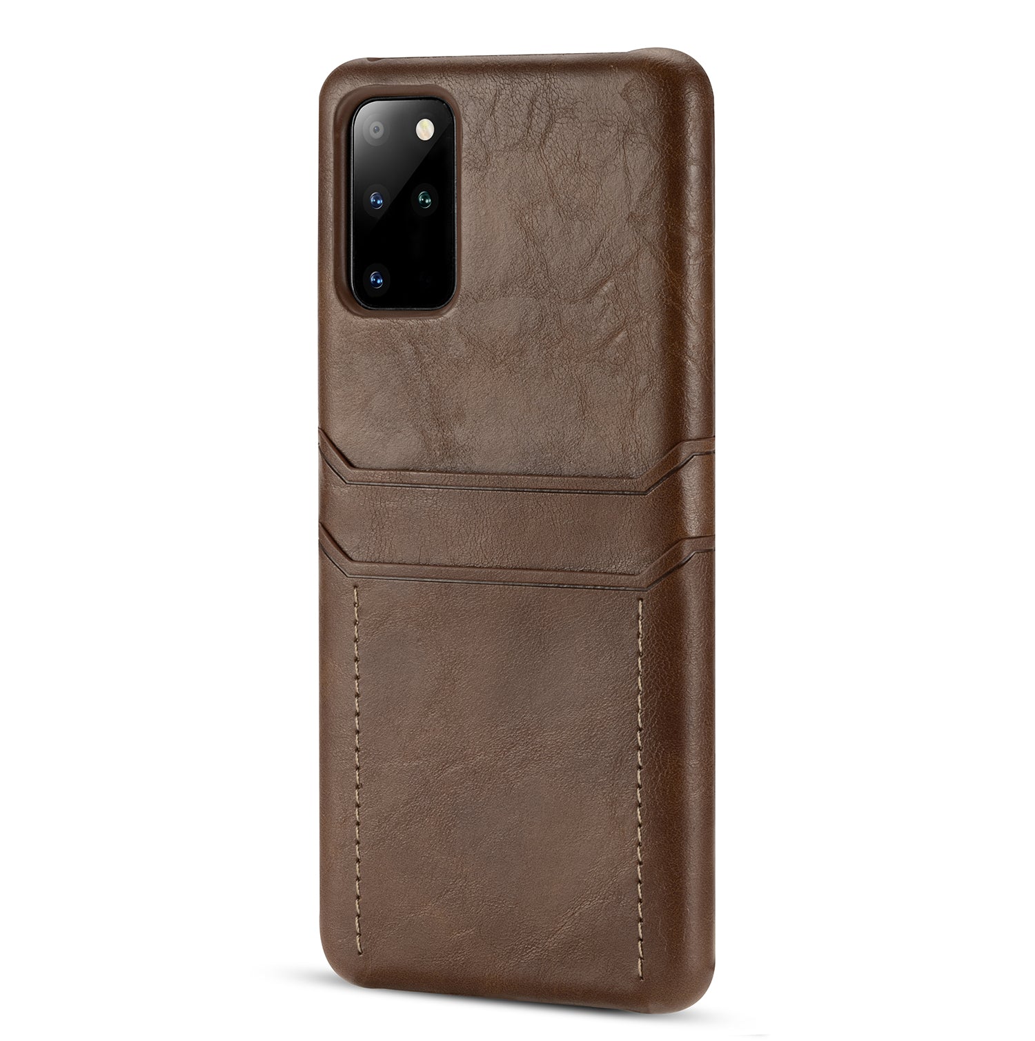 Dual Card Slots PU Leather Coated Hard PC Shell for Samsung Galaxy S20 Plus - Coffee