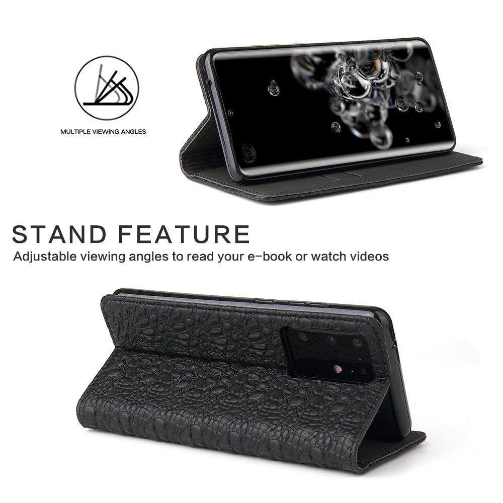 Crocodile Texture Genuine Leather Wallet Phone Case for Samsung Galaxy S20 Plus - Black