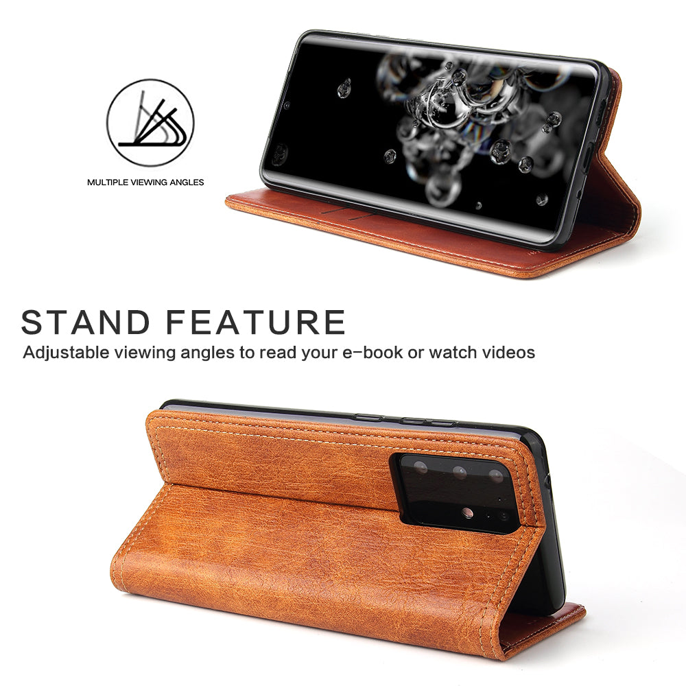 Auto-absorbed Leather Wallet Stand Case for Samsung Galaxy S20 Plus - Brown