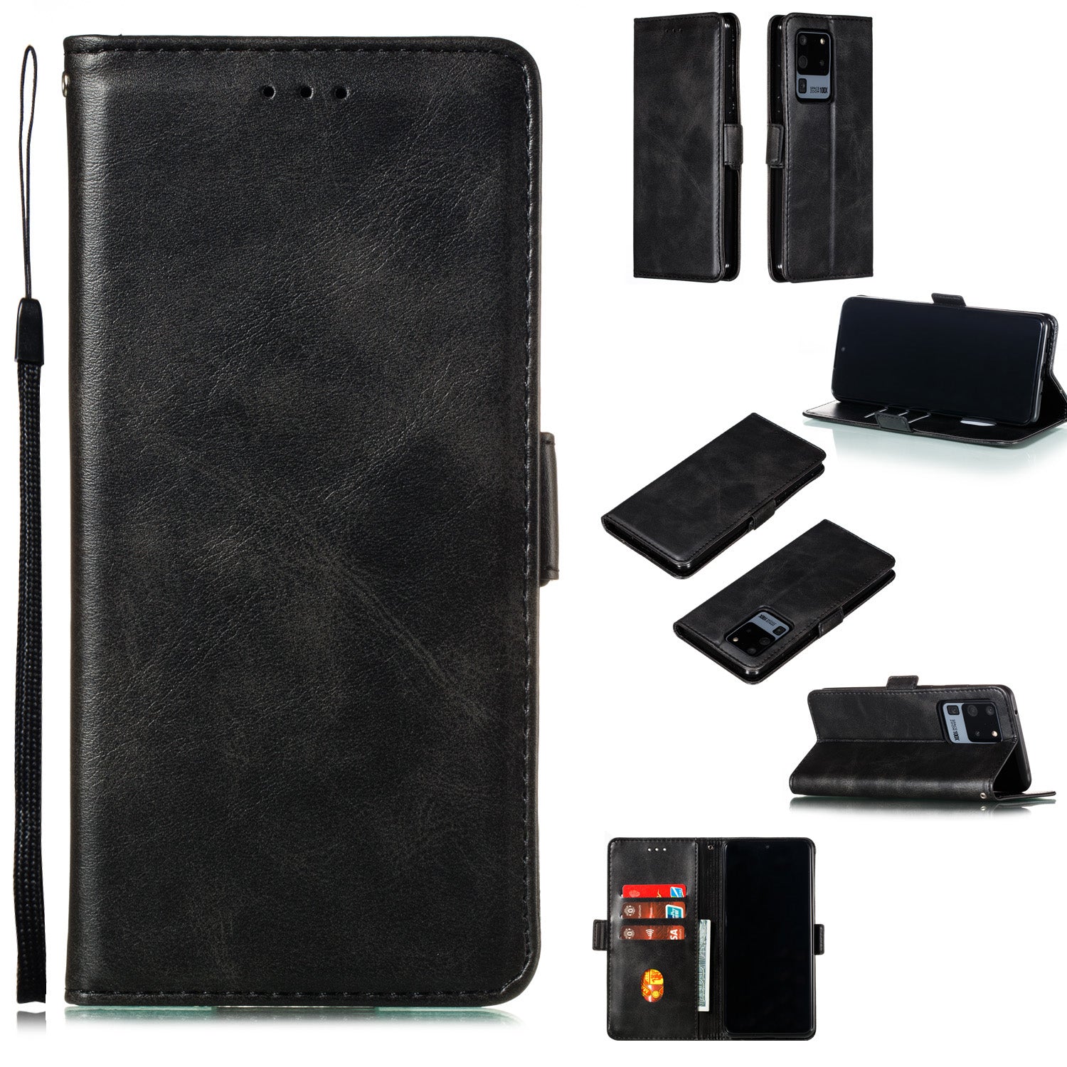 Wallet Leather Stand Phone Cover with Lanyard for Samsung Galaxy S20 Ultra - Black