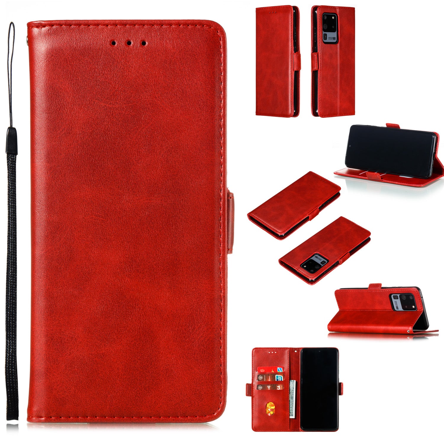 Wallet Leather Stand Phone Cover with Lanyard for Samsung Galaxy S20 Ultra - Red