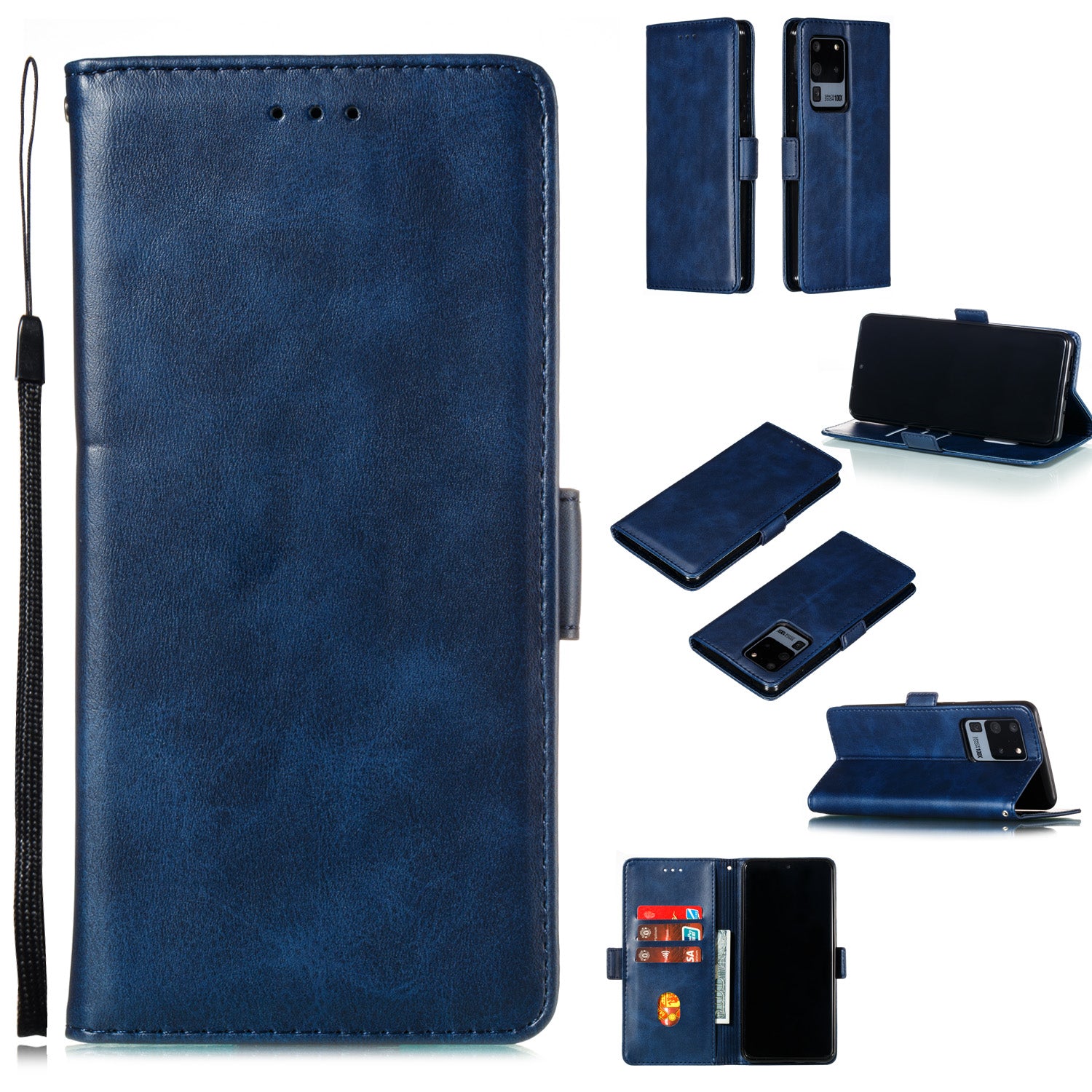 Wallet Leather Stand Phone Cover with Lanyard for Samsung Galaxy S20 Ultra - Blue