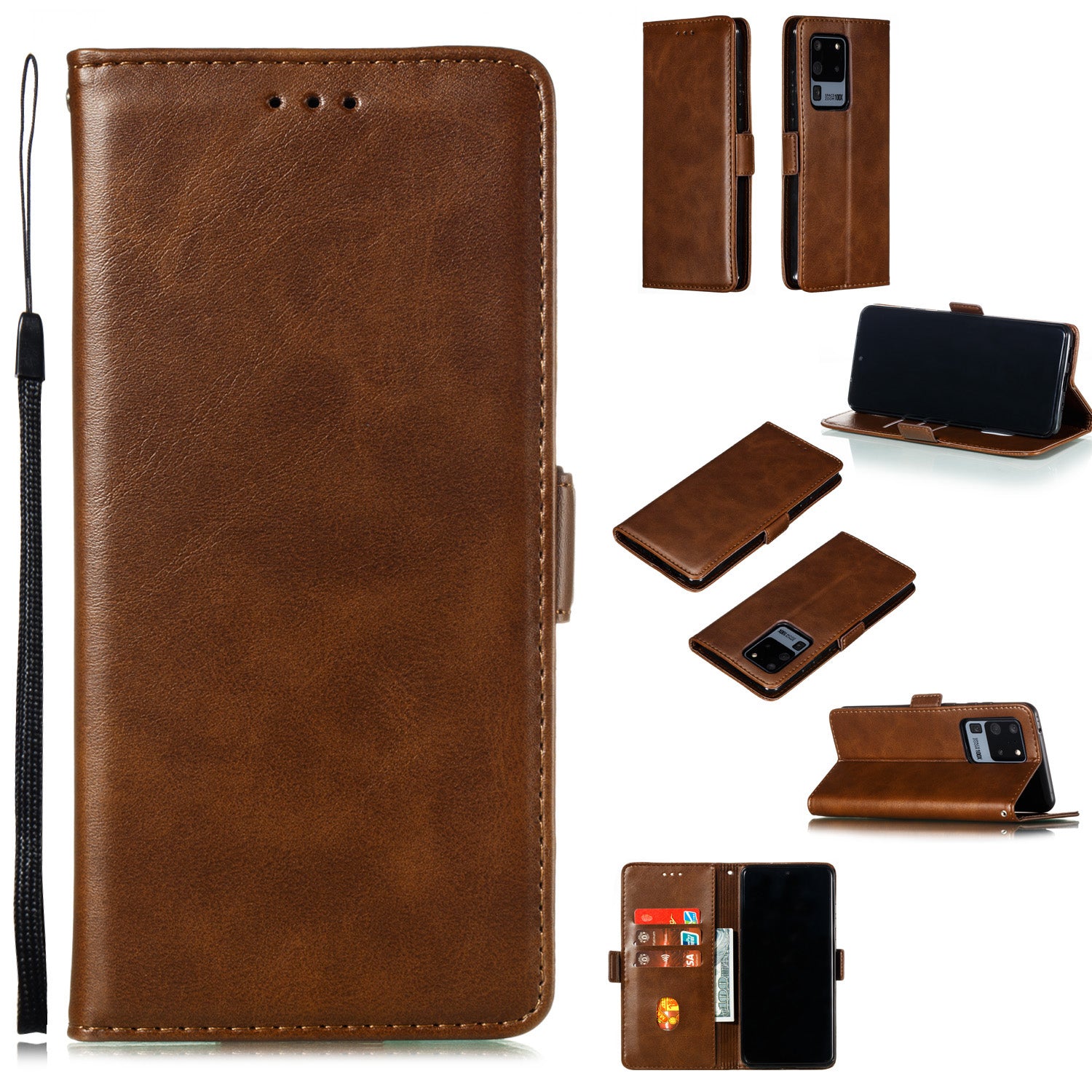 Wallet Leather Stand Phone Cover with Lanyard for Samsung Galaxy S20 Ultra - Coffee