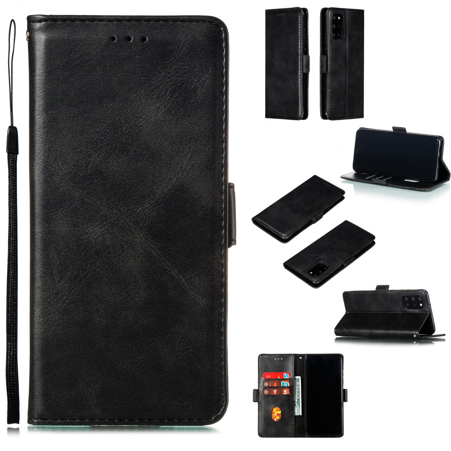 Wallet Leather Stand Phone Casing with Lanyard for Samsung Galaxy S20 Plus - Black