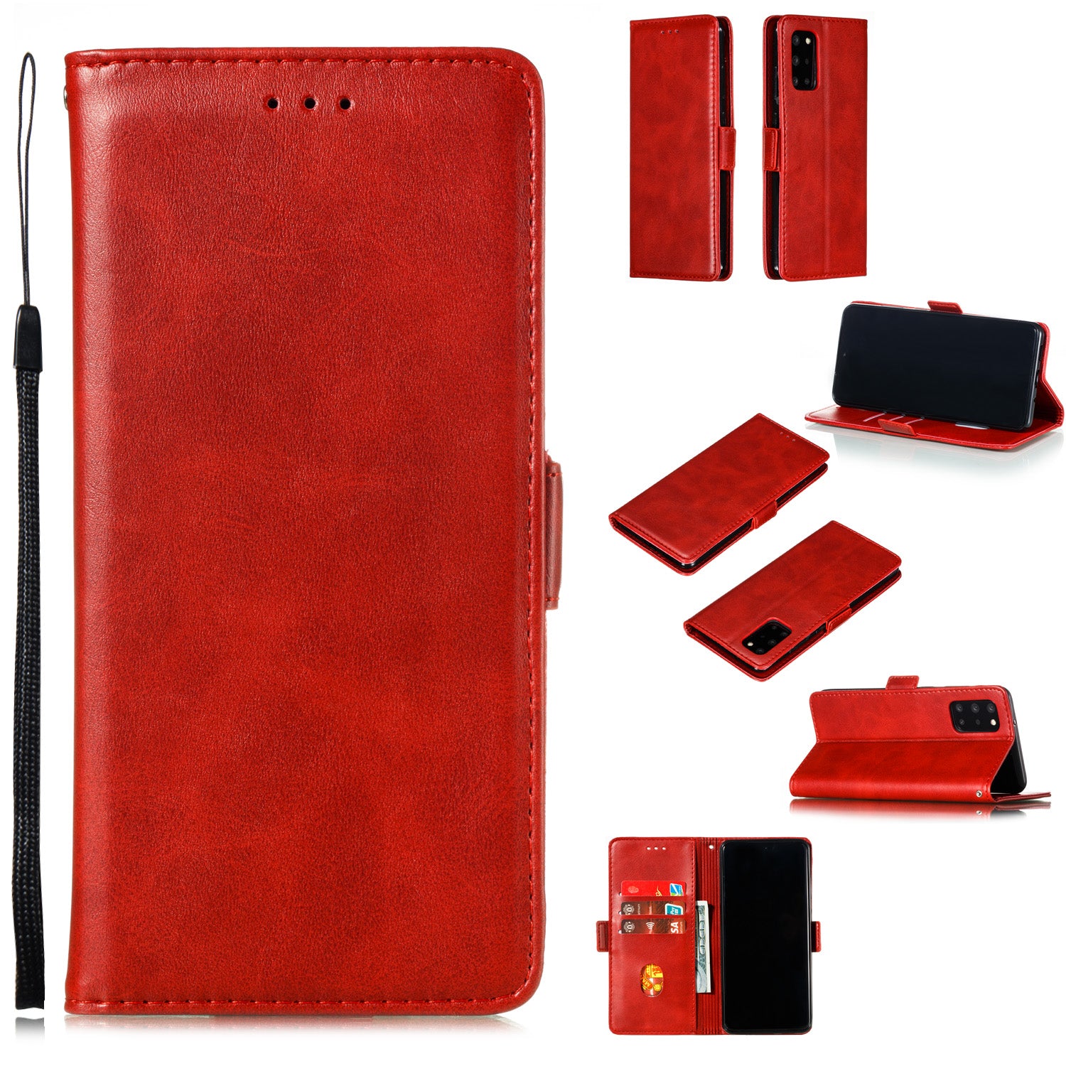 Wallet Leather Stand Phone Casing with Lanyard for Samsung Galaxy S20 Plus - Red