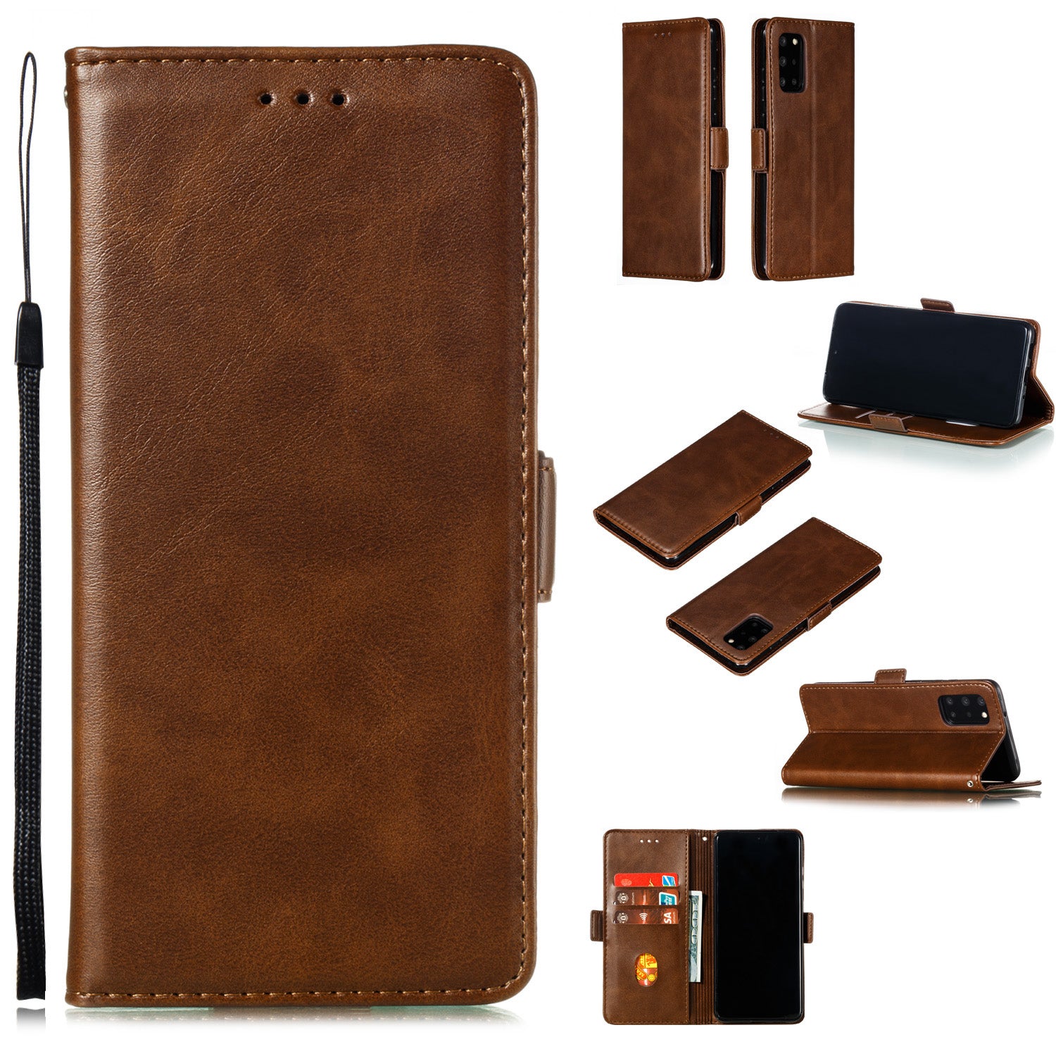 Wallet Leather Stand Phone Casing with Lanyard for Samsung Galaxy S20 Plus - Coffee