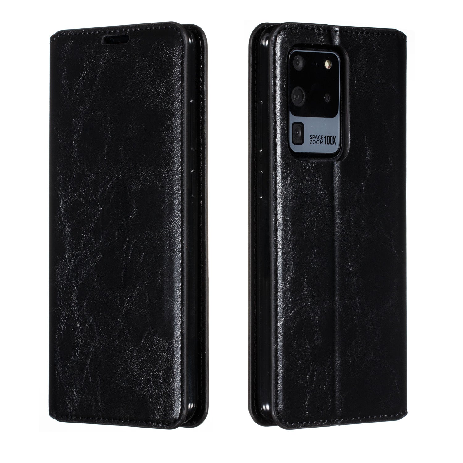 Auto-absorbed Crazy Horse Leather Wallet Stand Case for Samsung Galaxy S20 Ultra - Black