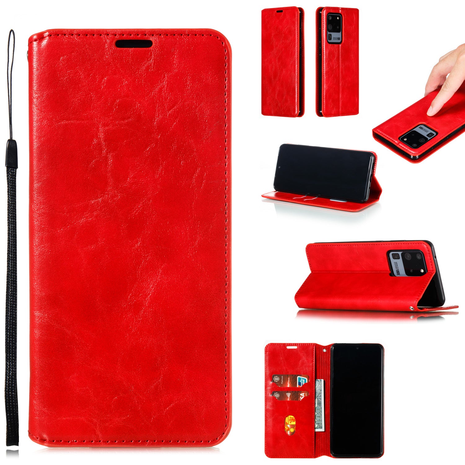 Auto-absorbed Crazy Horse Leather Wallet Stand Case for Samsung Galaxy S20 Ultra - Red