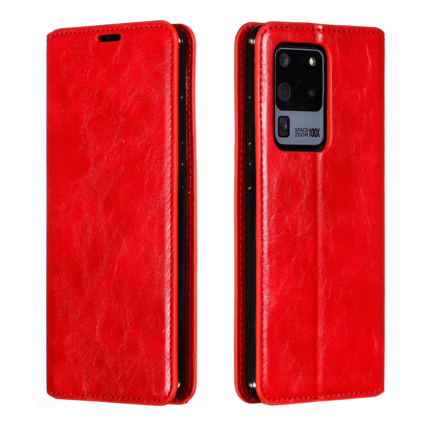 Auto-absorbed Crazy Horse Leather Wallet Stand Case for Samsung Galaxy S20 Ultra - Red