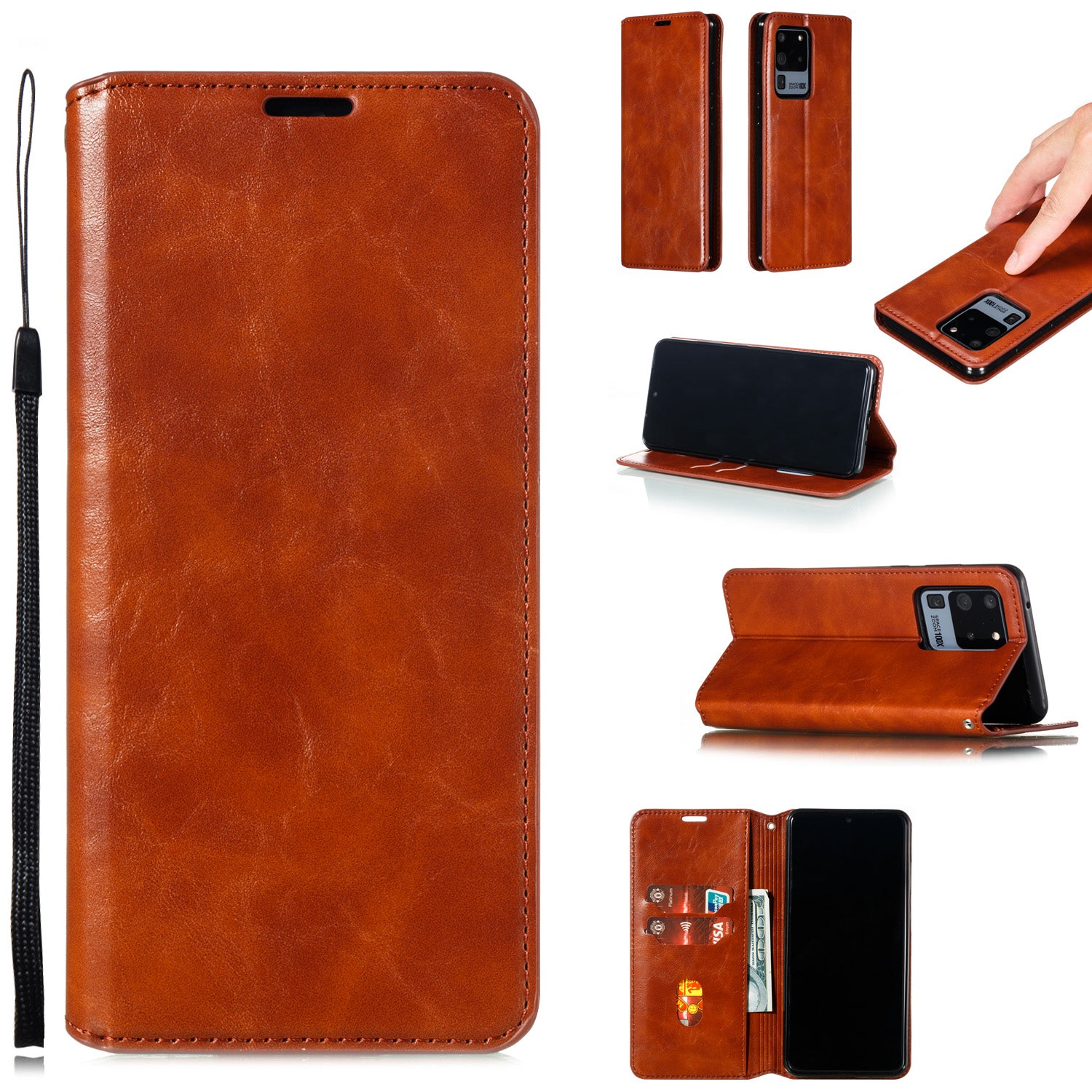 Auto-absorbed Crazy Horse Leather Wallet Stand Case for Samsung Galaxy S20 Ultra - Brown