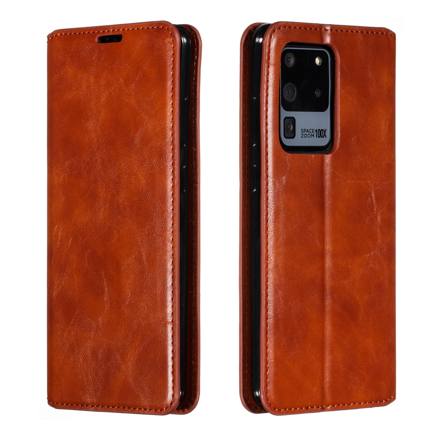 Auto-absorbed Crazy Horse Leather Wallet Stand Case for Samsung Galaxy S20 Ultra - Brown