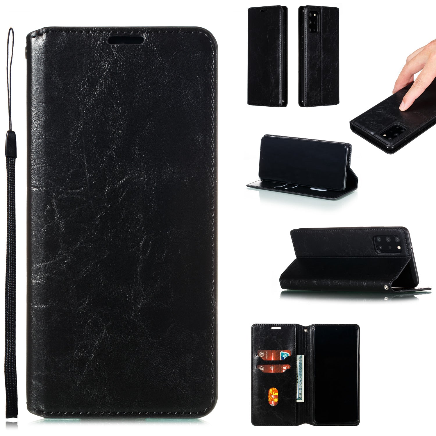 Crazy Horse Skin Leather Strong Magnetic Suction Case for Samsung Galaxy S20 Plus - Black