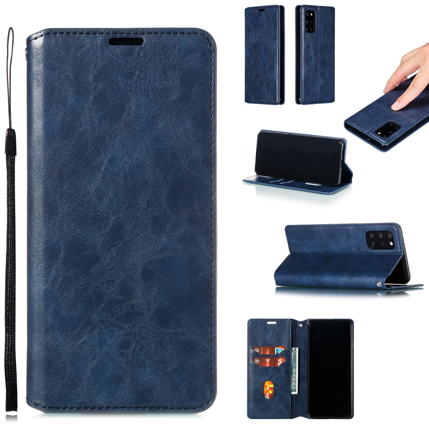 Crazy Horse Skin Leather Strong Magnetic Suction Case for Samsung Galaxy S20 Plus - Blue