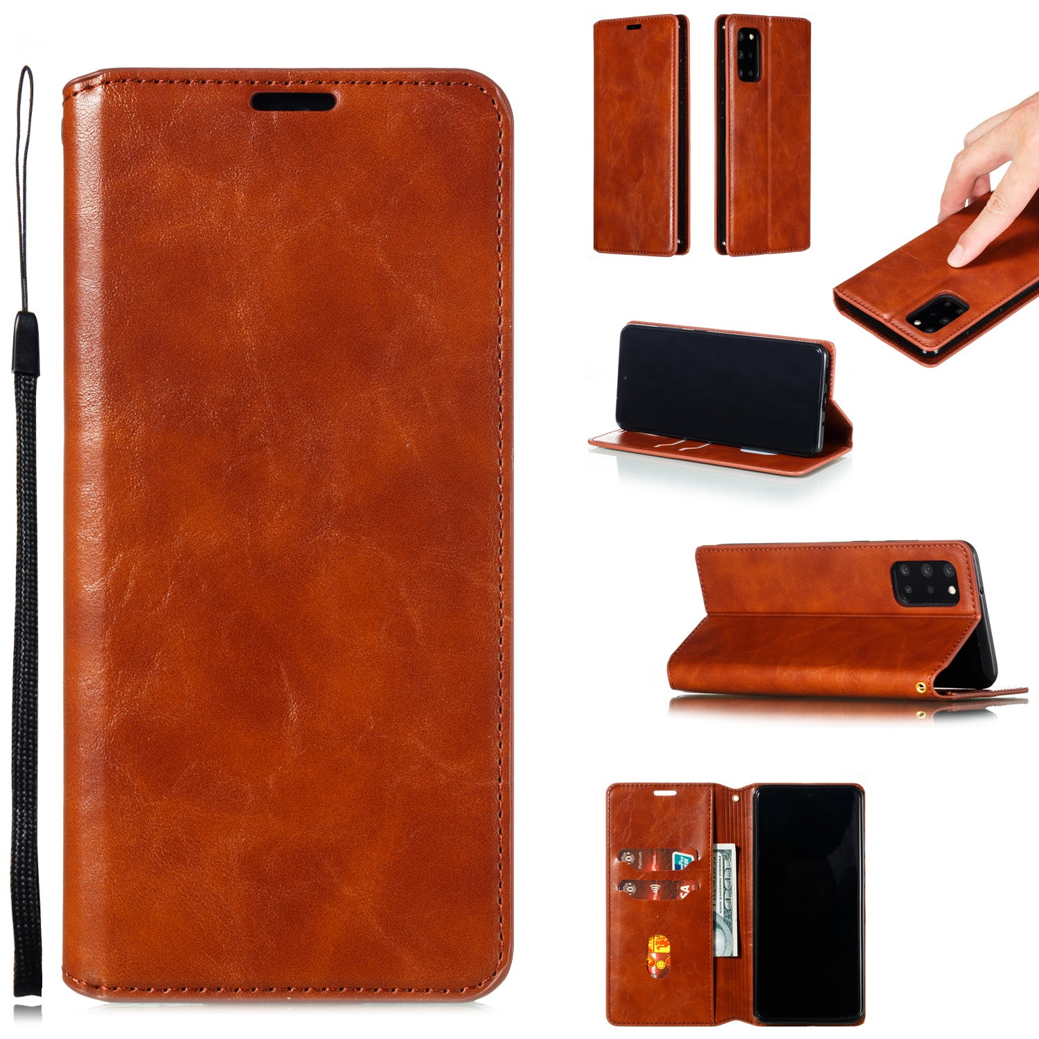 Crazy Horse Skin Leather Strong Magnetic Suction Case for Samsung Galaxy S20 Plus - Brown