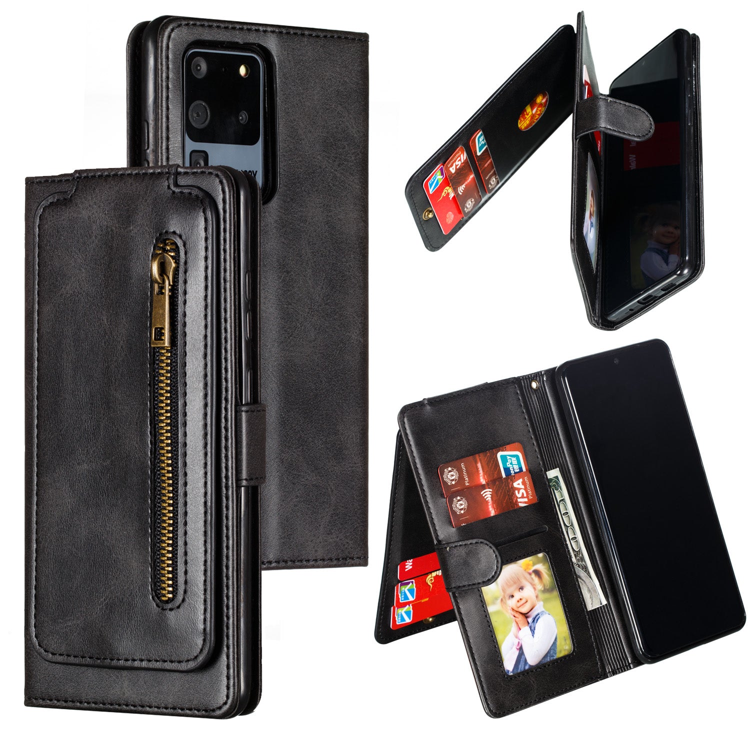 Stylish Zipper Pocket 9 Card Slots Leather Wallet Shell Case for Samsung Galaxy S20 Ultra - Black