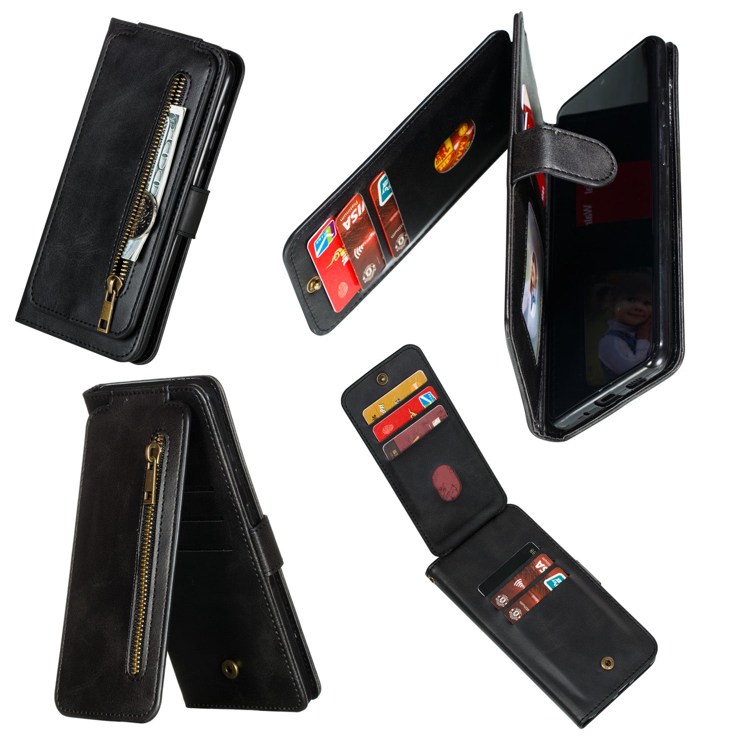 Stylish Zipper Pocket 9 Card Slots Leather Wallet Shell Case for Samsung Galaxy S20 Ultra - Black