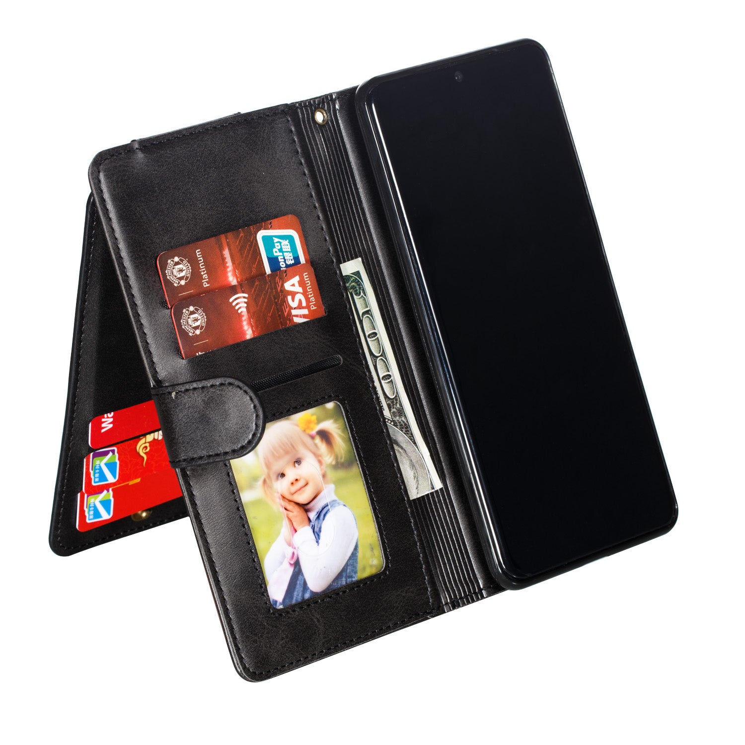 Stylish Zipper Pocket 9 Card Slots Leather Wallet Shell Case for Samsung Galaxy S20 Ultra - Black