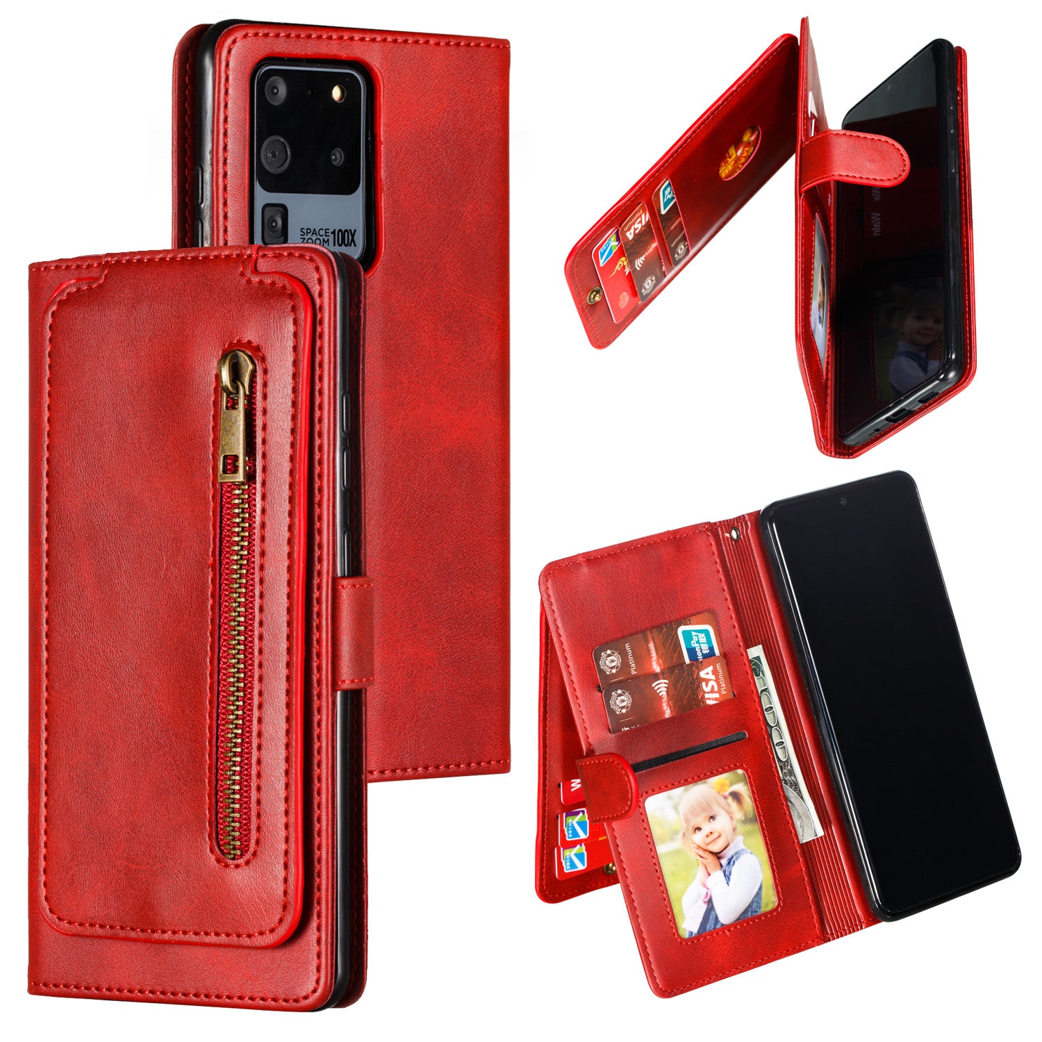 Stylish Zipper Pocket 9 Card Slots Leather Wallet Shell Case for Samsung Galaxy S20 Ultra - Red