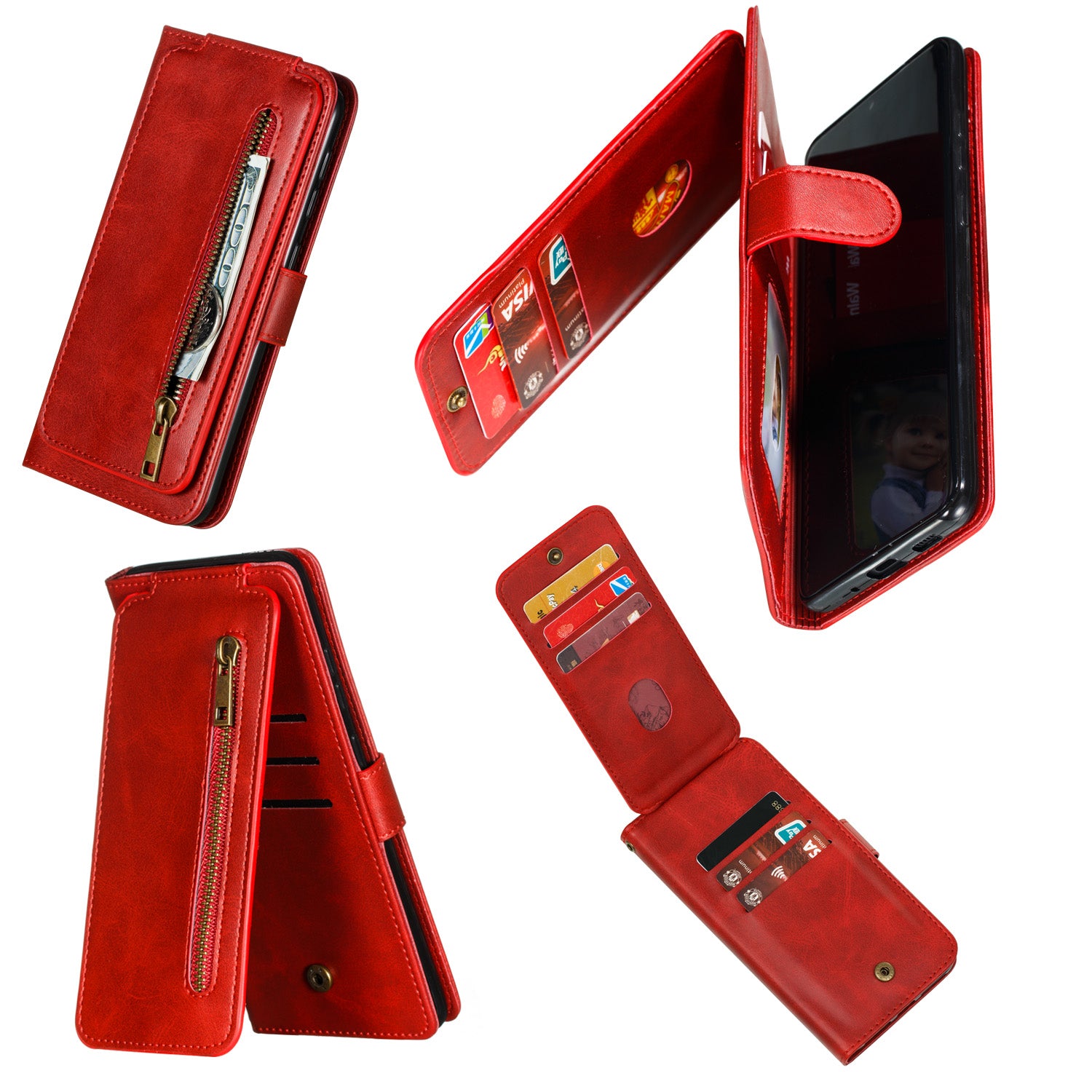 Stylish Zipper Pocket 9 Card Slots Leather Wallet Shell Case for Samsung Galaxy S20 Ultra - Red