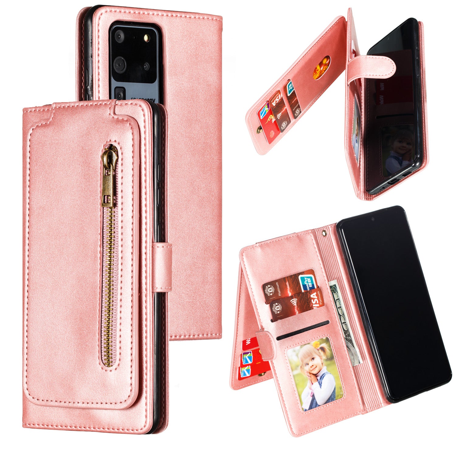 Stylish Zipper Pocket 9 Card Slots Leather Wallet Shell Case for Samsung Galaxy S20 Ultra - Rose Gold