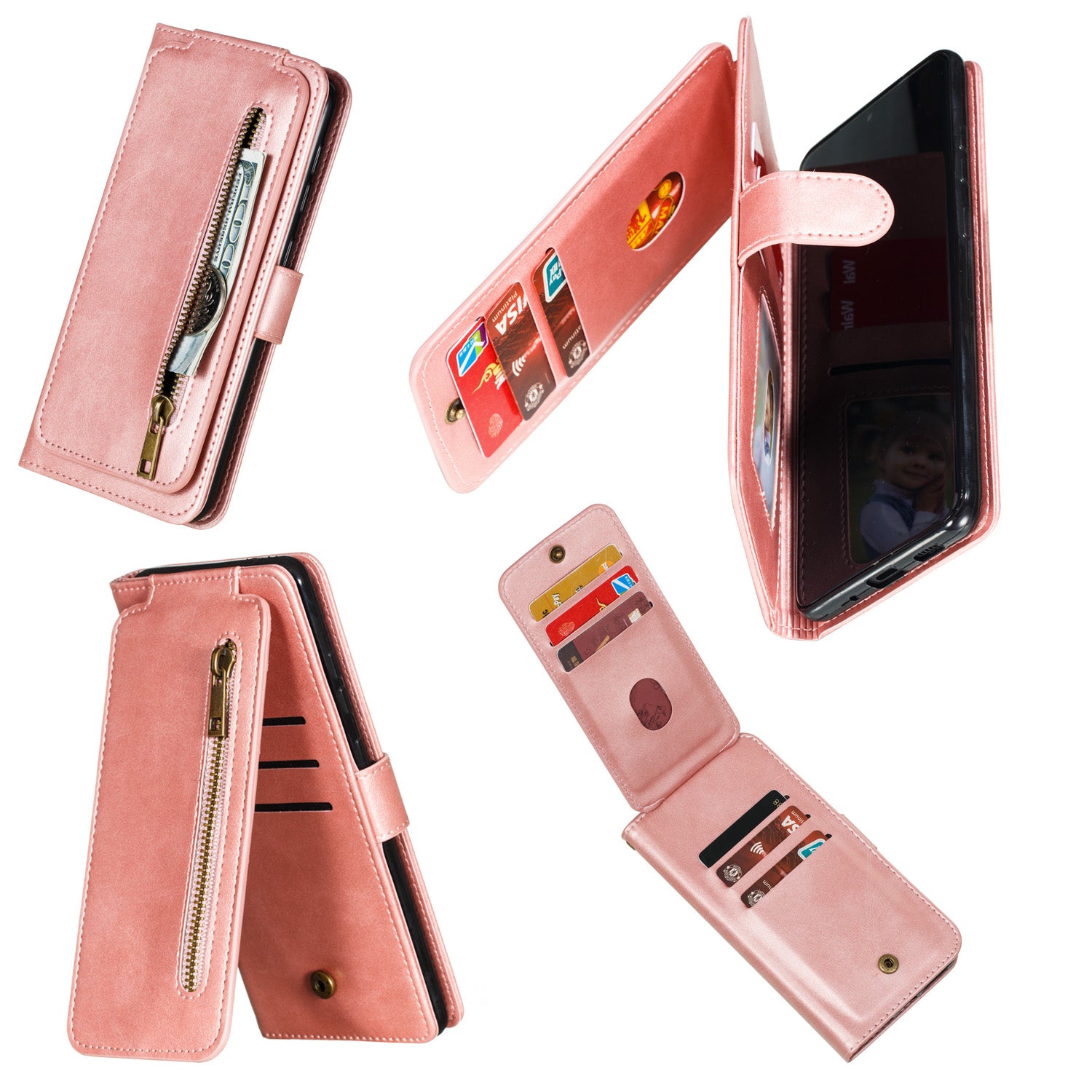 Stylish Zipper Pocket 9 Card Slots Leather Wallet Shell Case for Samsung Galaxy S20 Ultra - Rose Gold