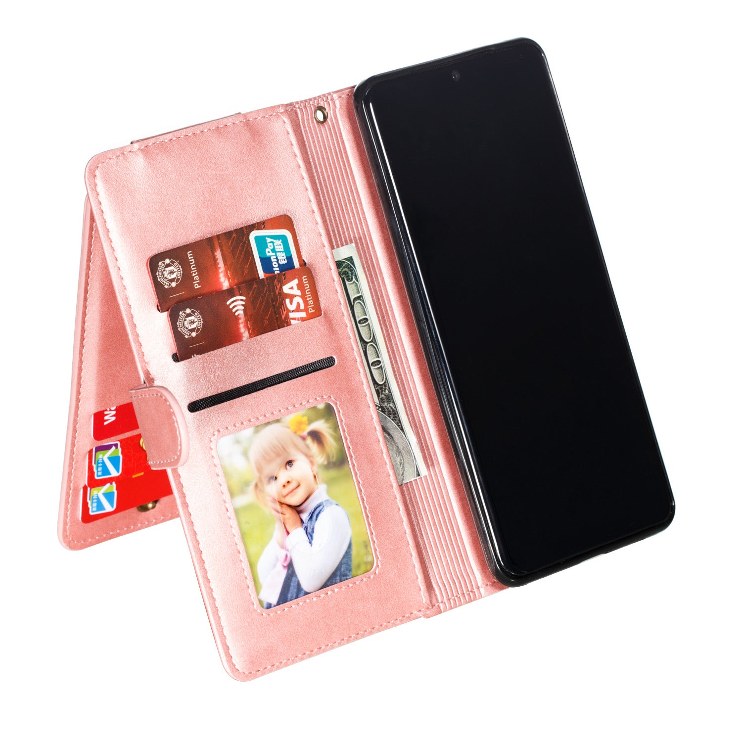 Stylish Zipper Pocket 9 Card Slots Leather Wallet Shell Case for Samsung Galaxy S20 Ultra - Rose Gold