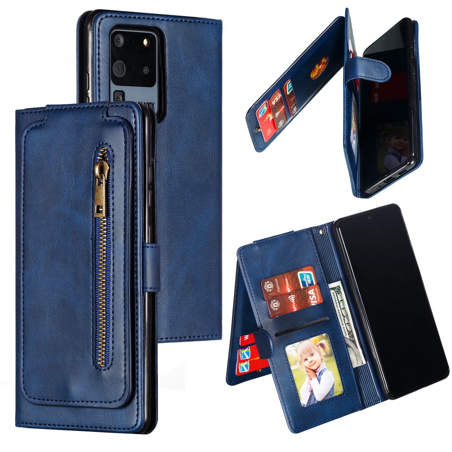 Stylish Zipper Pocket 9 Card Slots Leather Wallet Shell Case for Samsung Galaxy S20 Ultra - Blue