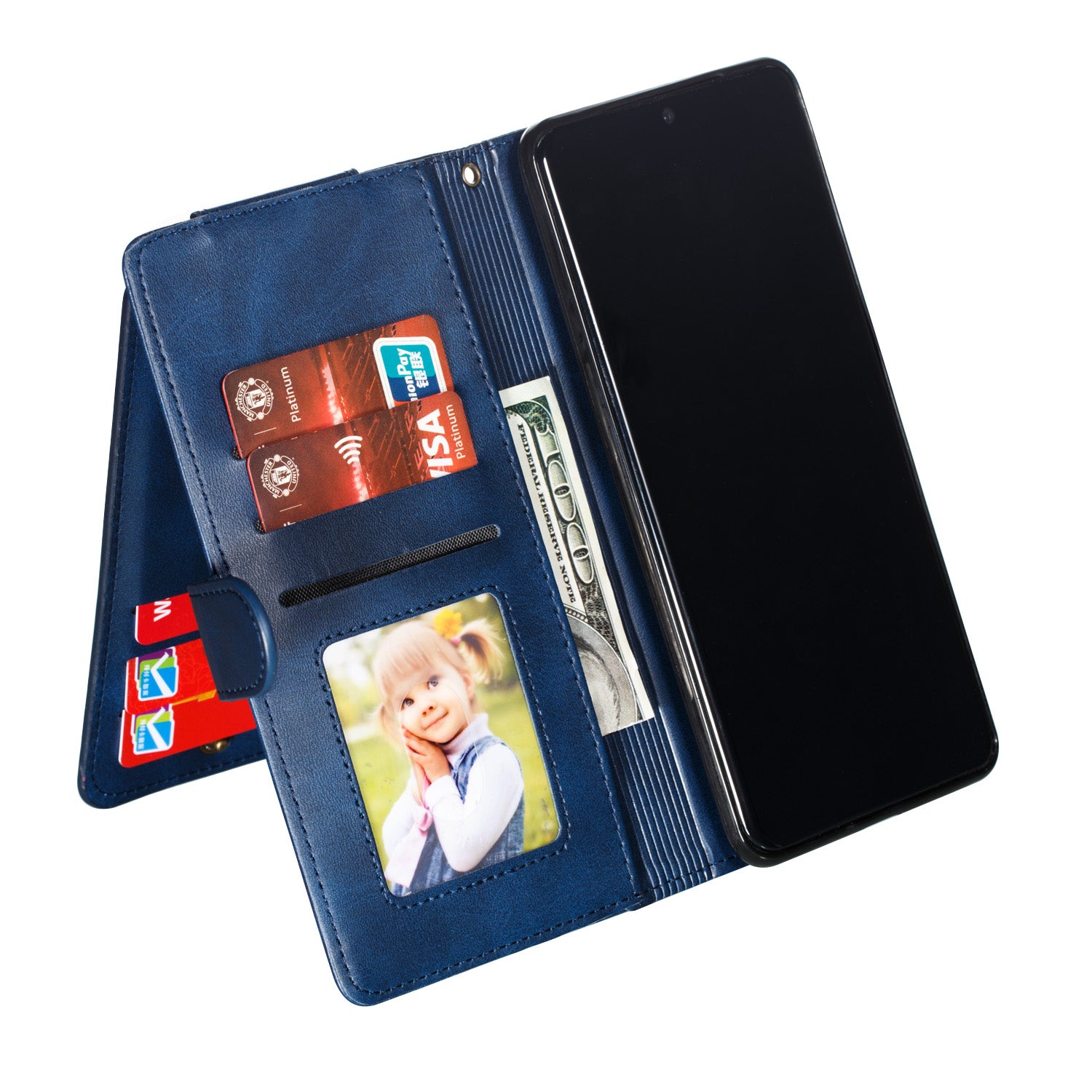 Stylish Zipper Pocket 9 Card Slots Leather Wallet Shell Case for Samsung Galaxy S20 Ultra - Blue