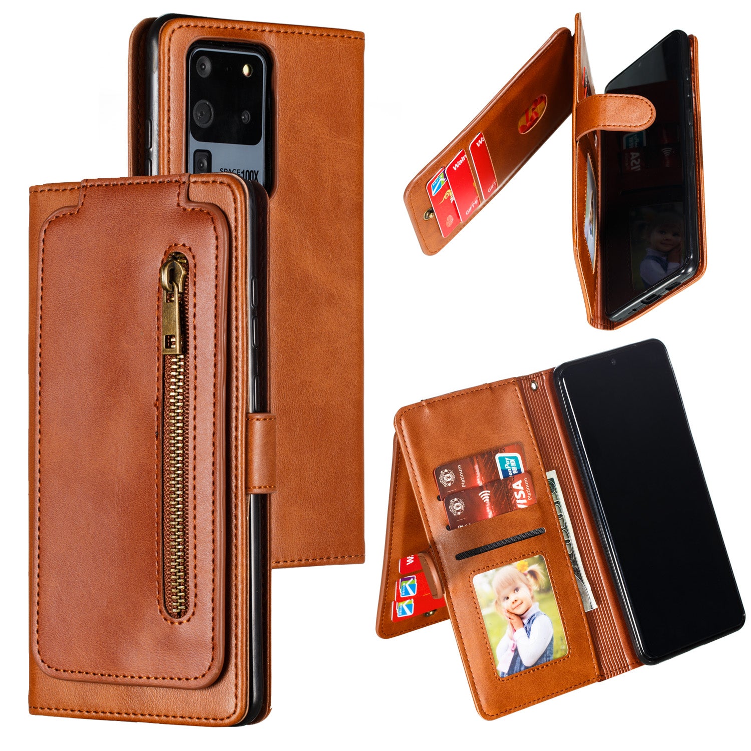 Stylish Zipper Pocket 9 Card Slots Leather Wallet Shell Case for Samsung Galaxy S20 Ultra - Brown