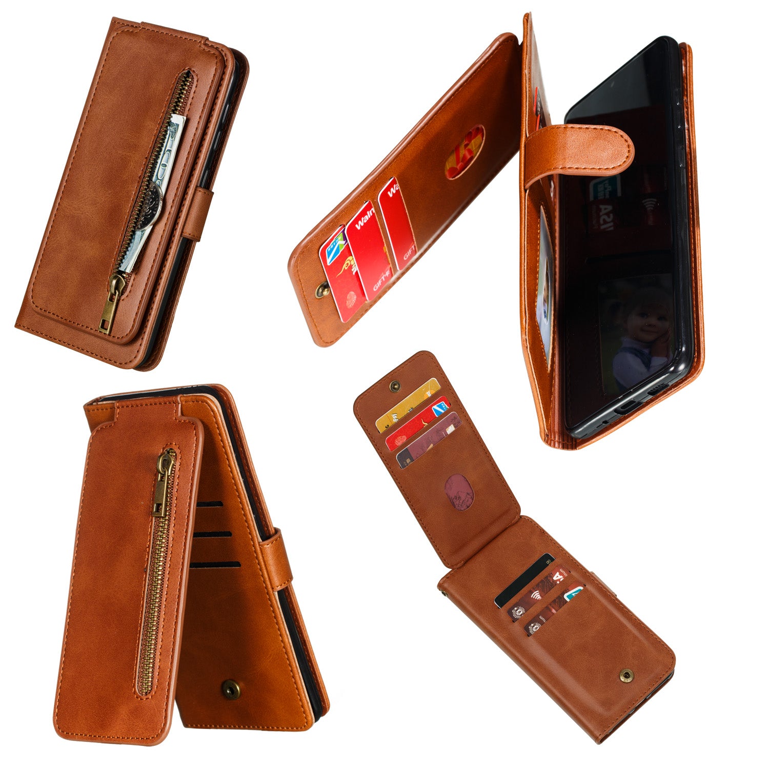 Stylish Zipper Pocket 9 Card Slots Leather Wallet Shell Case for Samsung Galaxy S20 Ultra - Brown