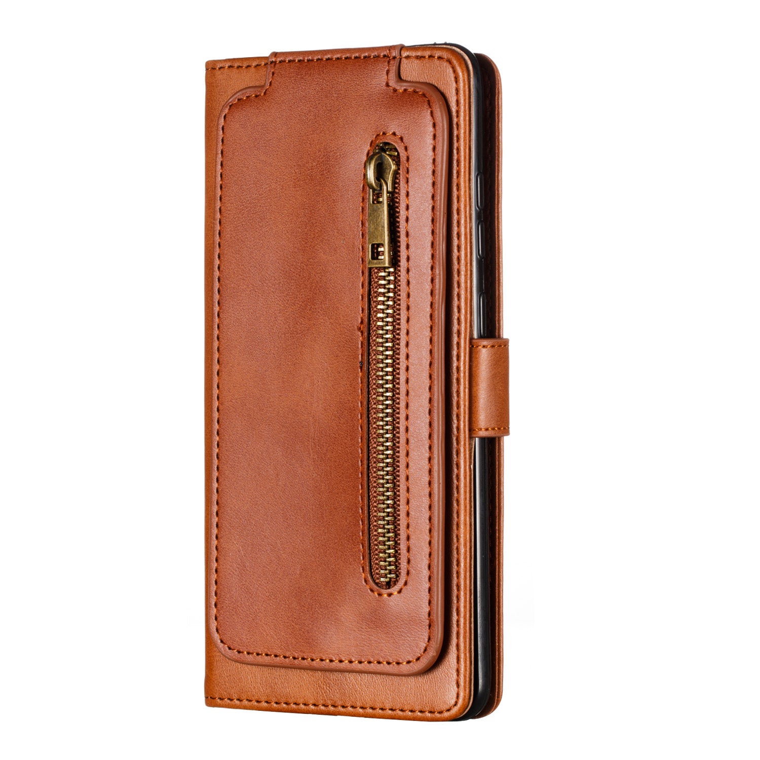 Stylish Zipper Pocket 9 Card Slots Leather Wallet Shell Case for Samsung Galaxy S20 Ultra - Brown