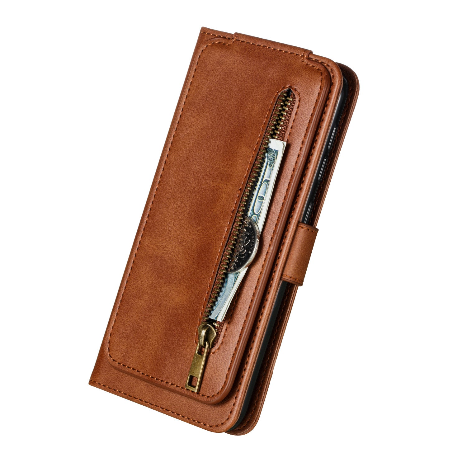 Stylish Zipper Pocket 9 Card Slots Leather Wallet Shell Case for Samsung Galaxy S20 Ultra - Brown