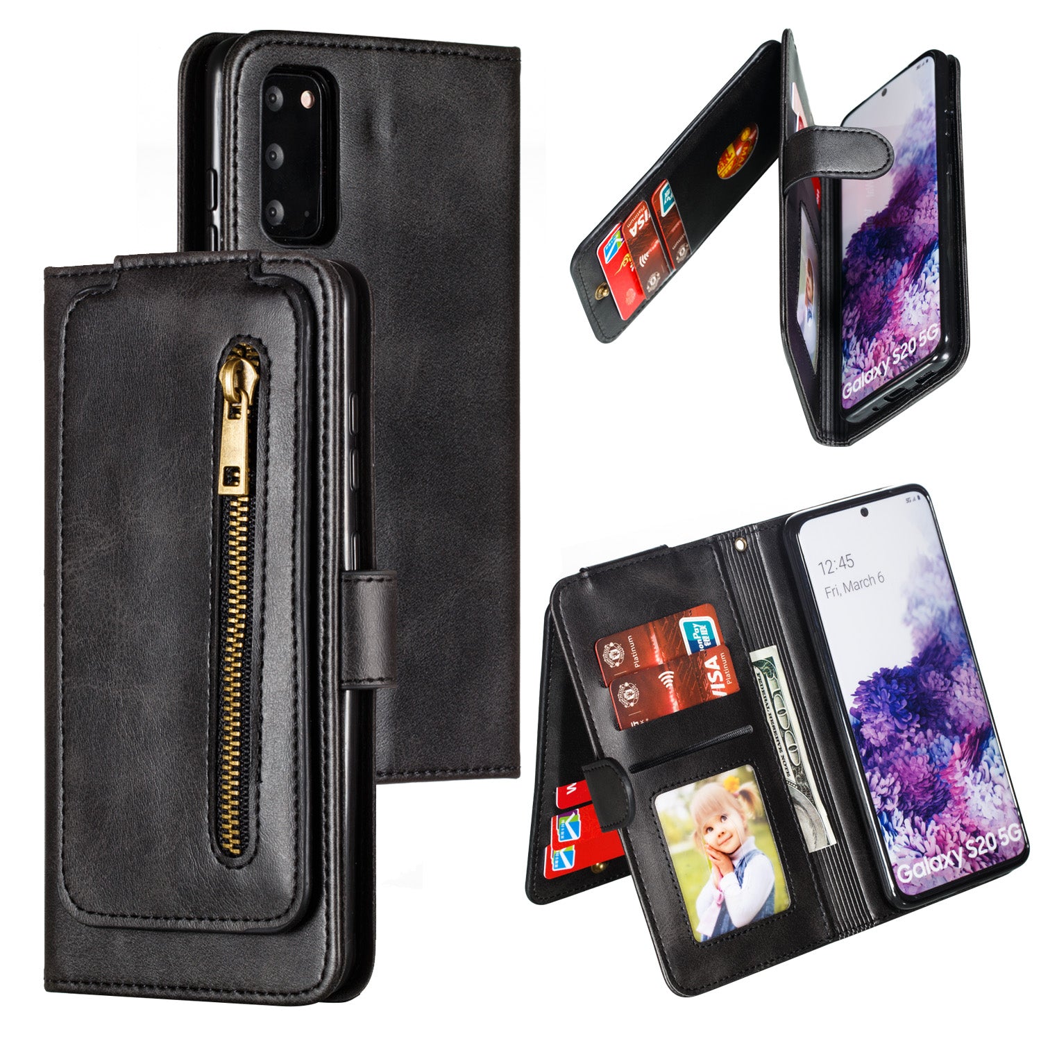 Zipper Pocket 9 Card Slots Leather Wallet Case for Samsung Galaxy S20 4G/S20 5G - Black