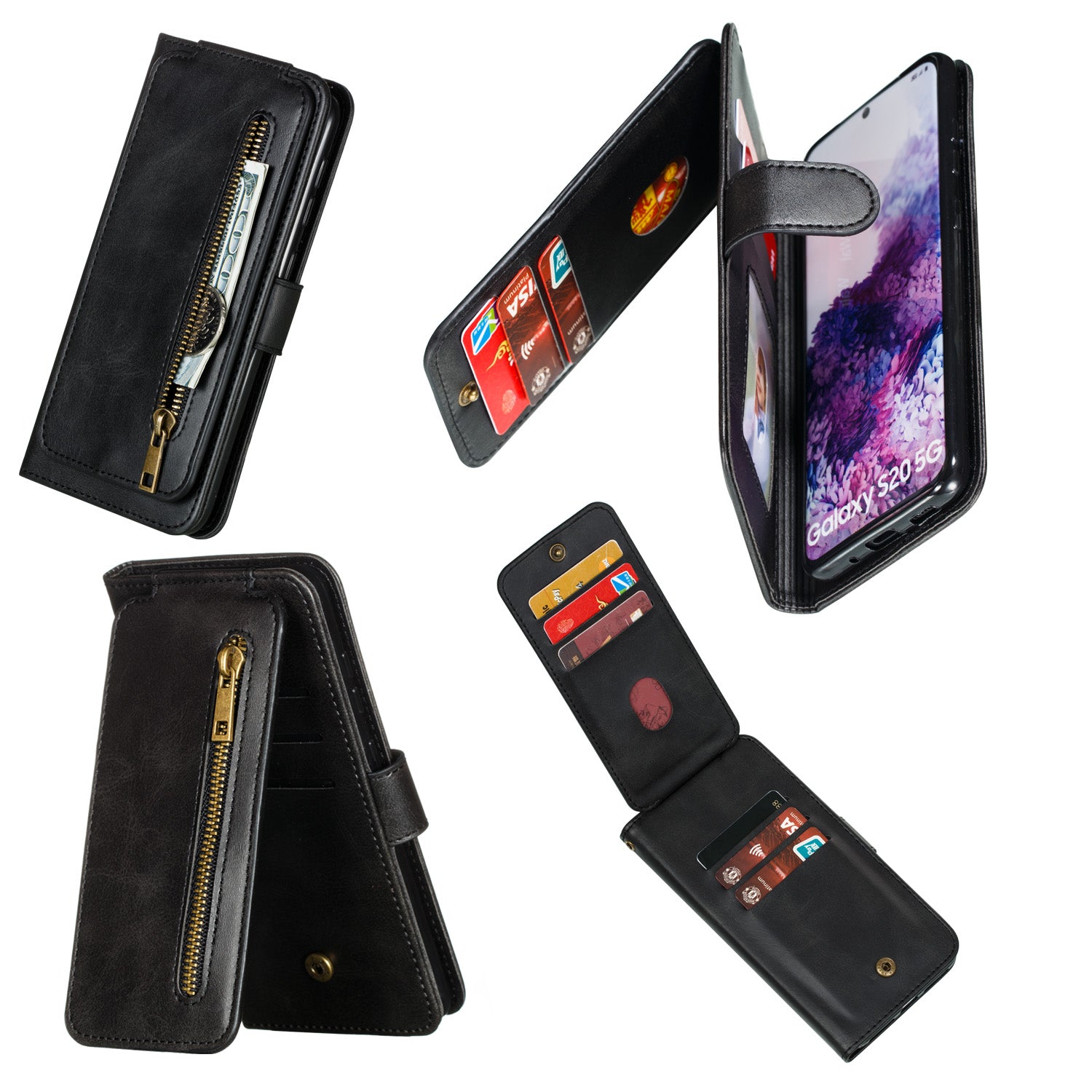 Zipper Pocket 9 Card Slots Leather Wallet Case for Samsung Galaxy S20 4G/S20 5G - Black