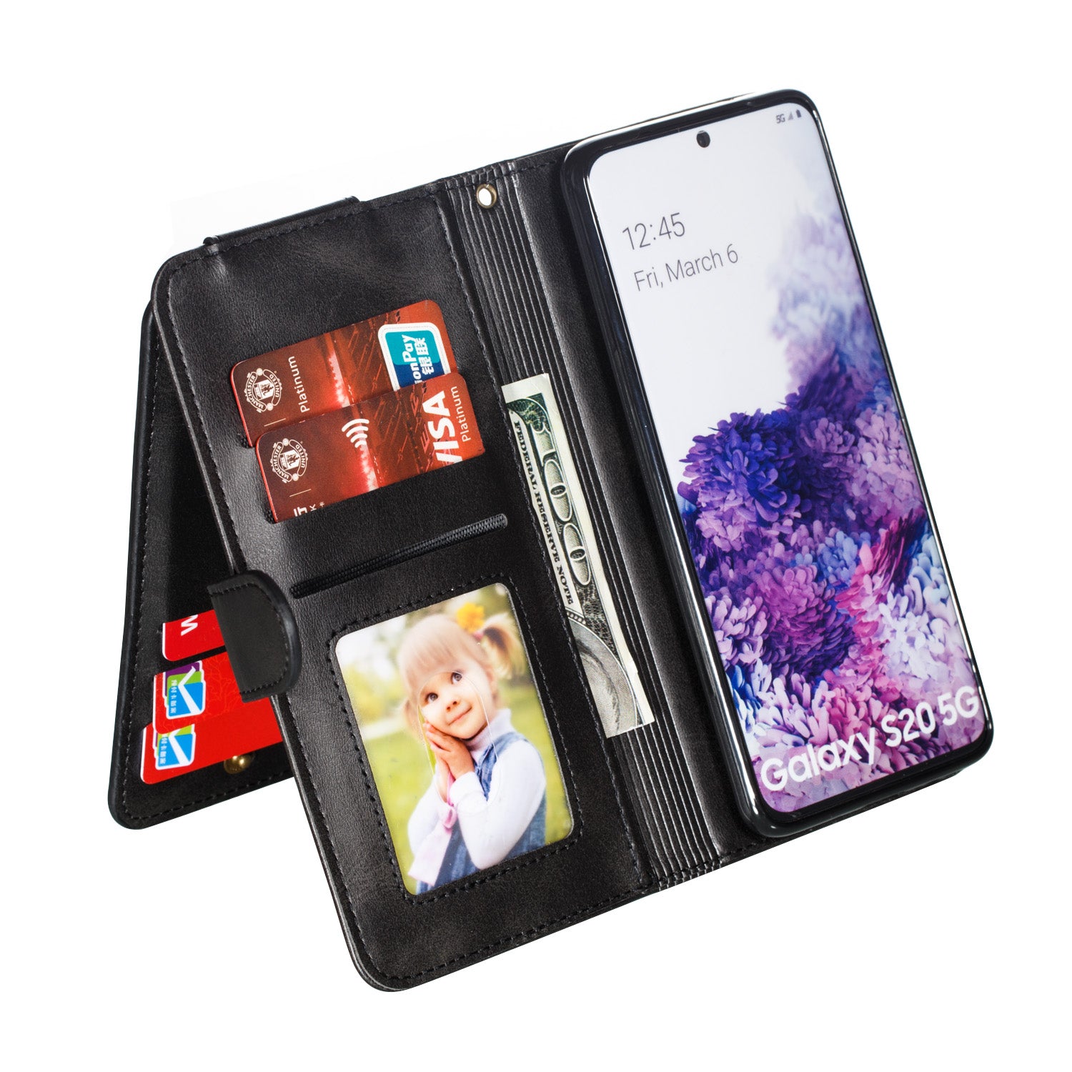 Zipper Pocket 9 Card Slots Leather Wallet Case for Samsung Galaxy S20 4G/S20 5G - Black